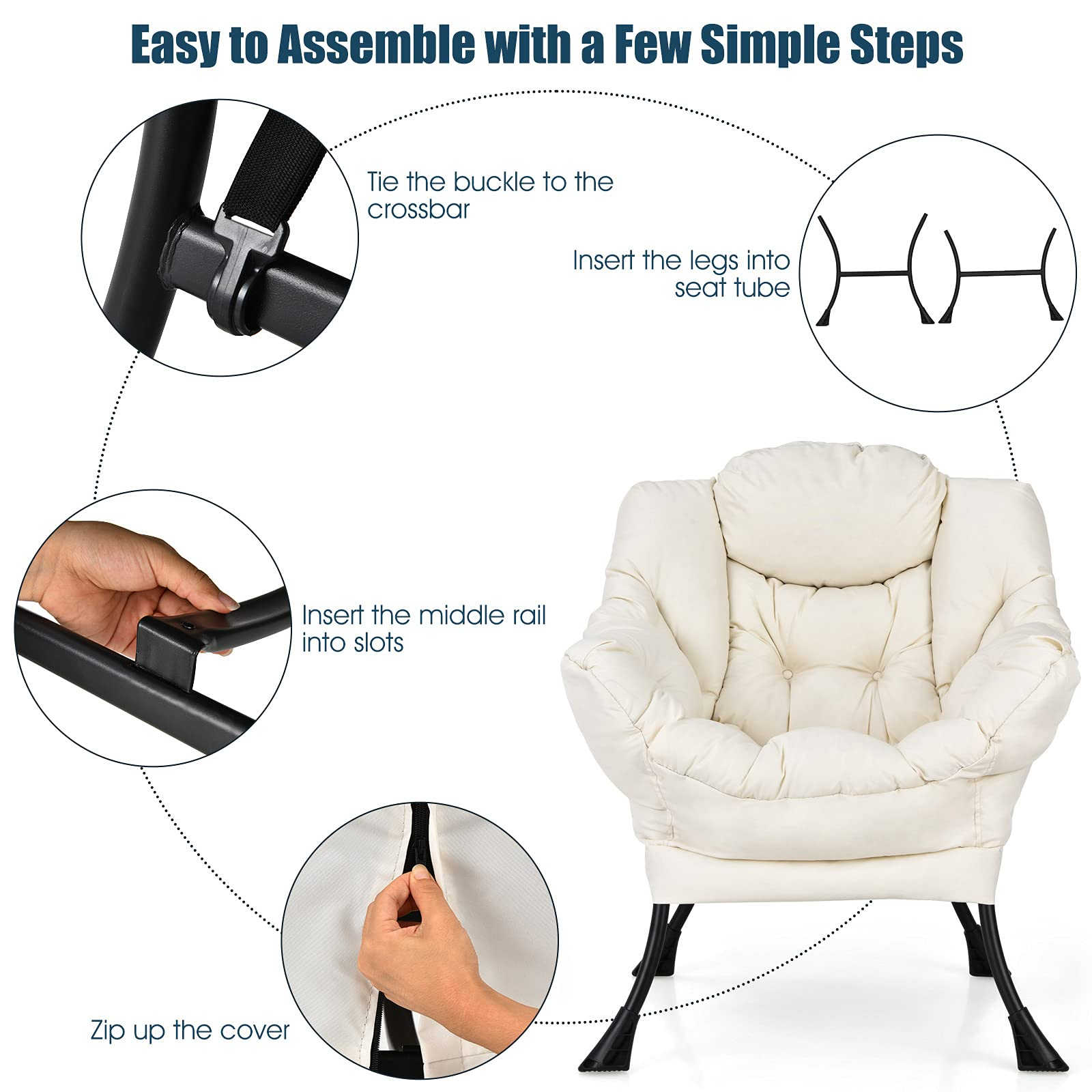 Modern Lazy Chair, Upholstered Single Sofa Chair w/Armrests & Side Pocket