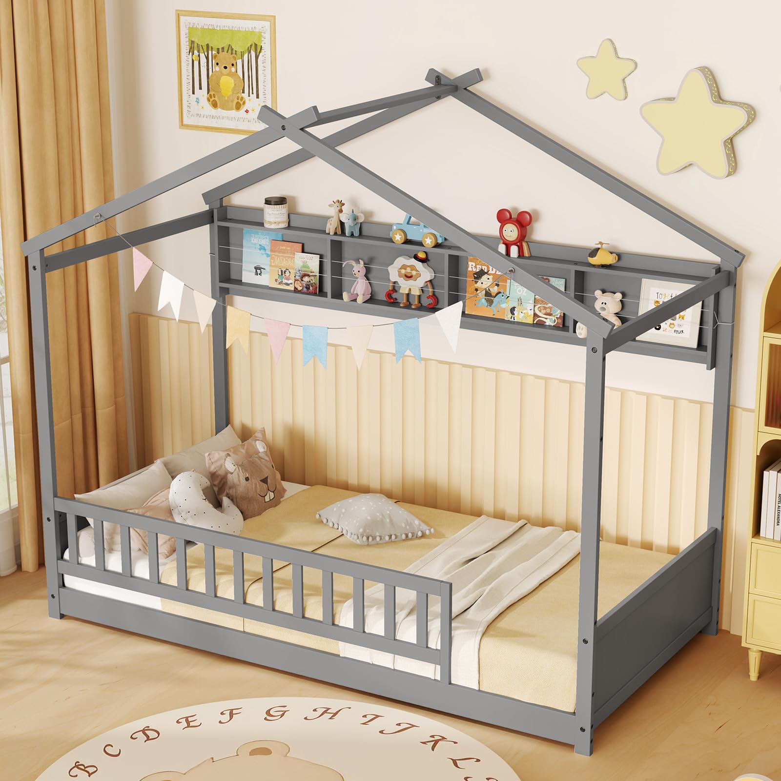 Twin Floor House Bed with Storage Shelf, Headboard & Guardrail