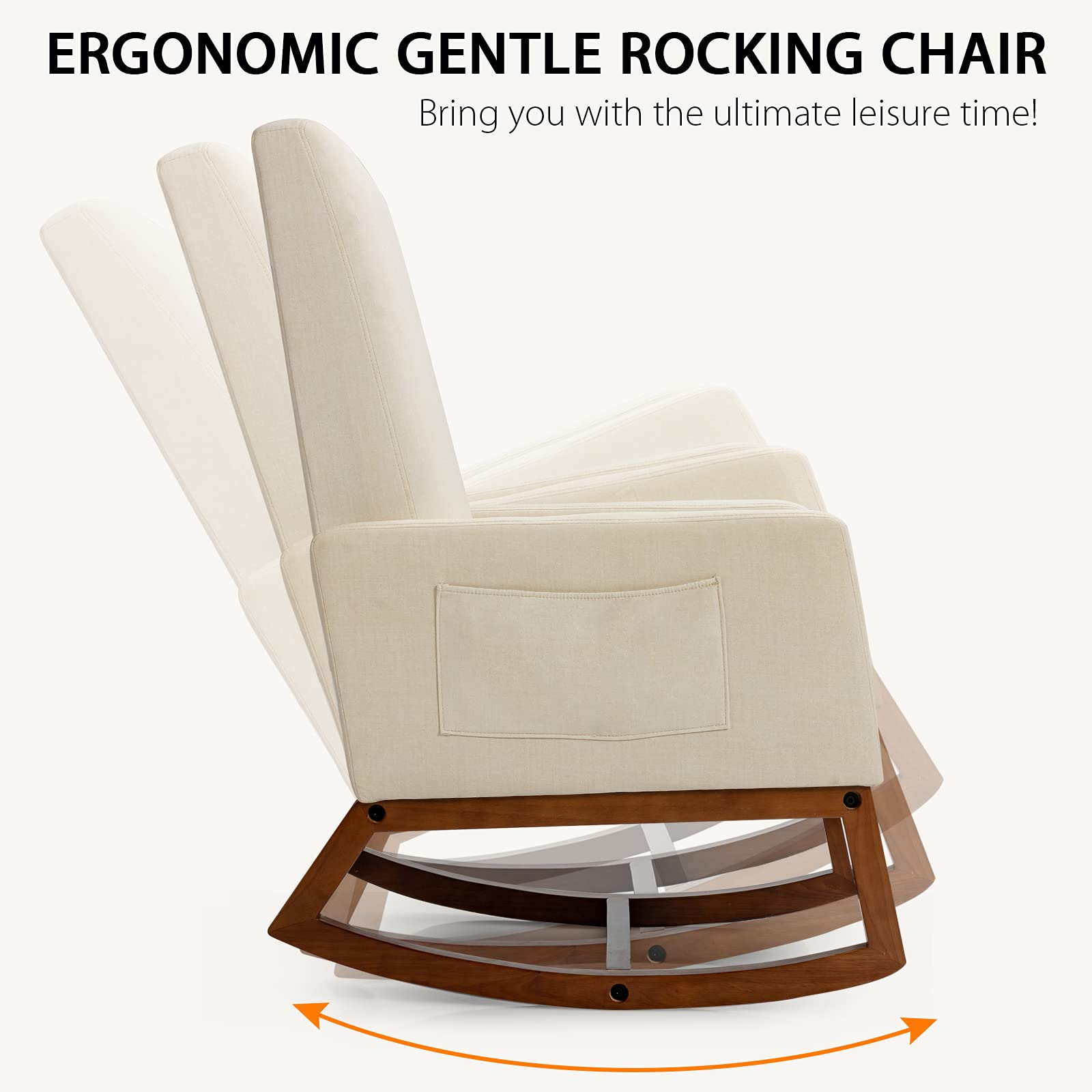 Rocking Chair, High Back Upholstered Lounge Armchair w/Side Pocket
