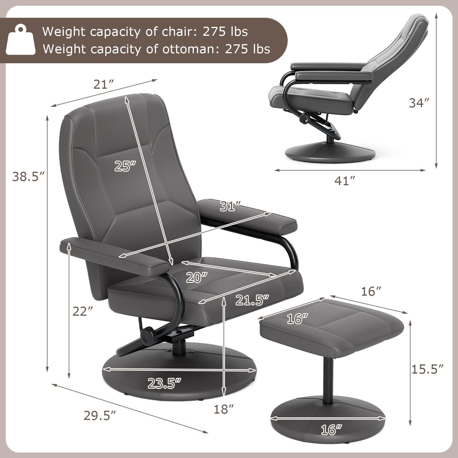 Recliner Chair with Ottoman, 360&deg; Swivel Faux Leather Reclining Chair w/Adjustable Backrest, Footrest