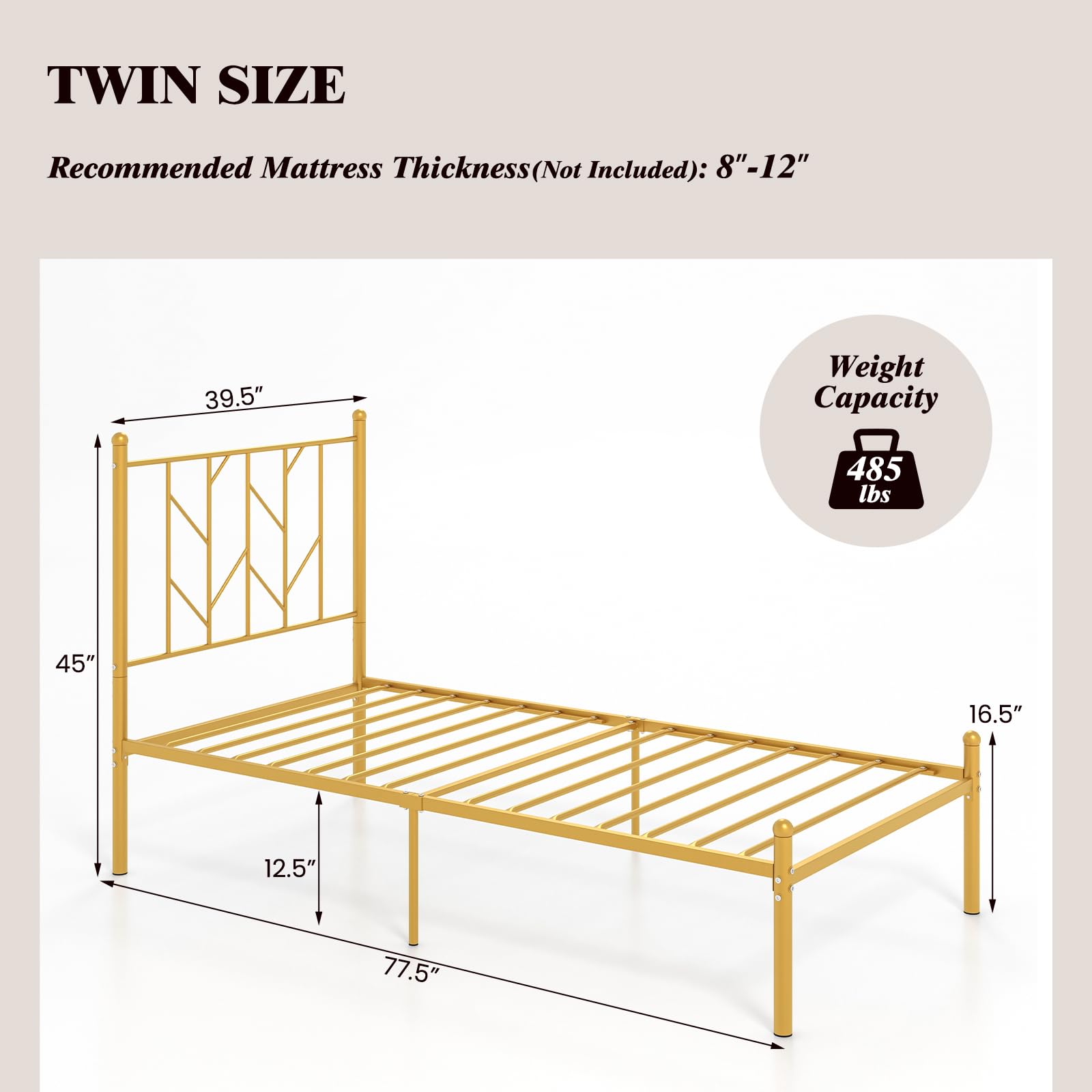Metal Bed Frame with Victorian Style Headboard, 14 Metal Slats Support