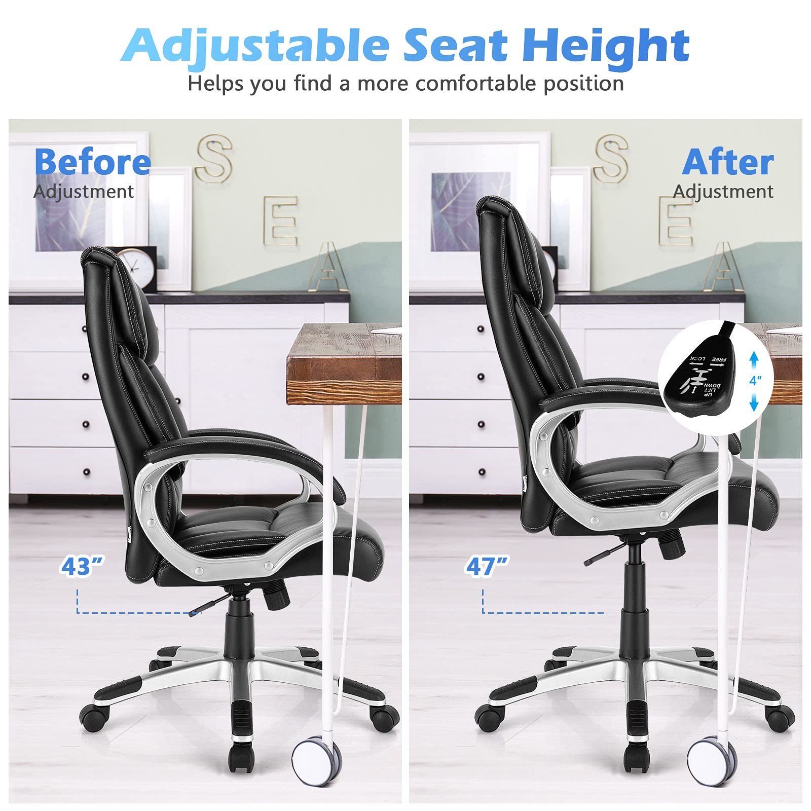 Executive Office Chair, Leather High Back Managerial Chair, Big and Tall Desk Chair with Soft Padded Armrest