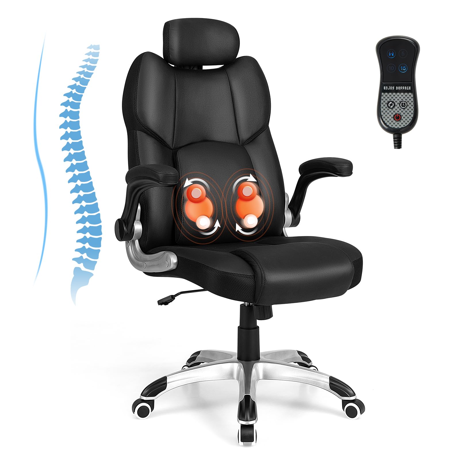 Executive Faux Leather Office Chair, Kneading Massage Computer Chair with Removable Lumbar Support Pillow, Adjustable Headrest