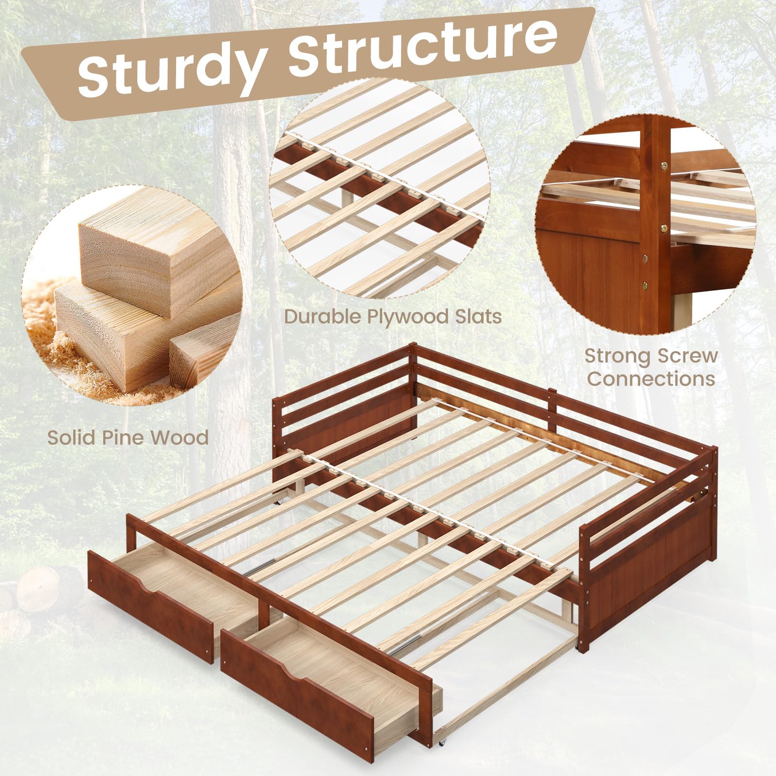 Wood Daybed with Trundle, Extendable Twin to King Daybed Frame with 2 Storage Drawers