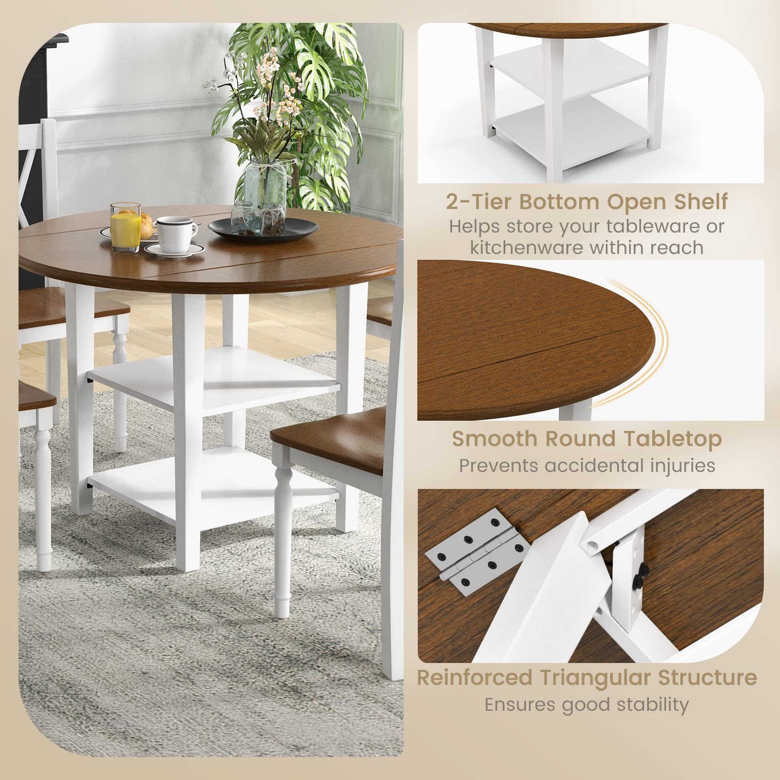 Dining Table Set for 4 with Drop Leaf Round Kitchen Table & 4 Chairs