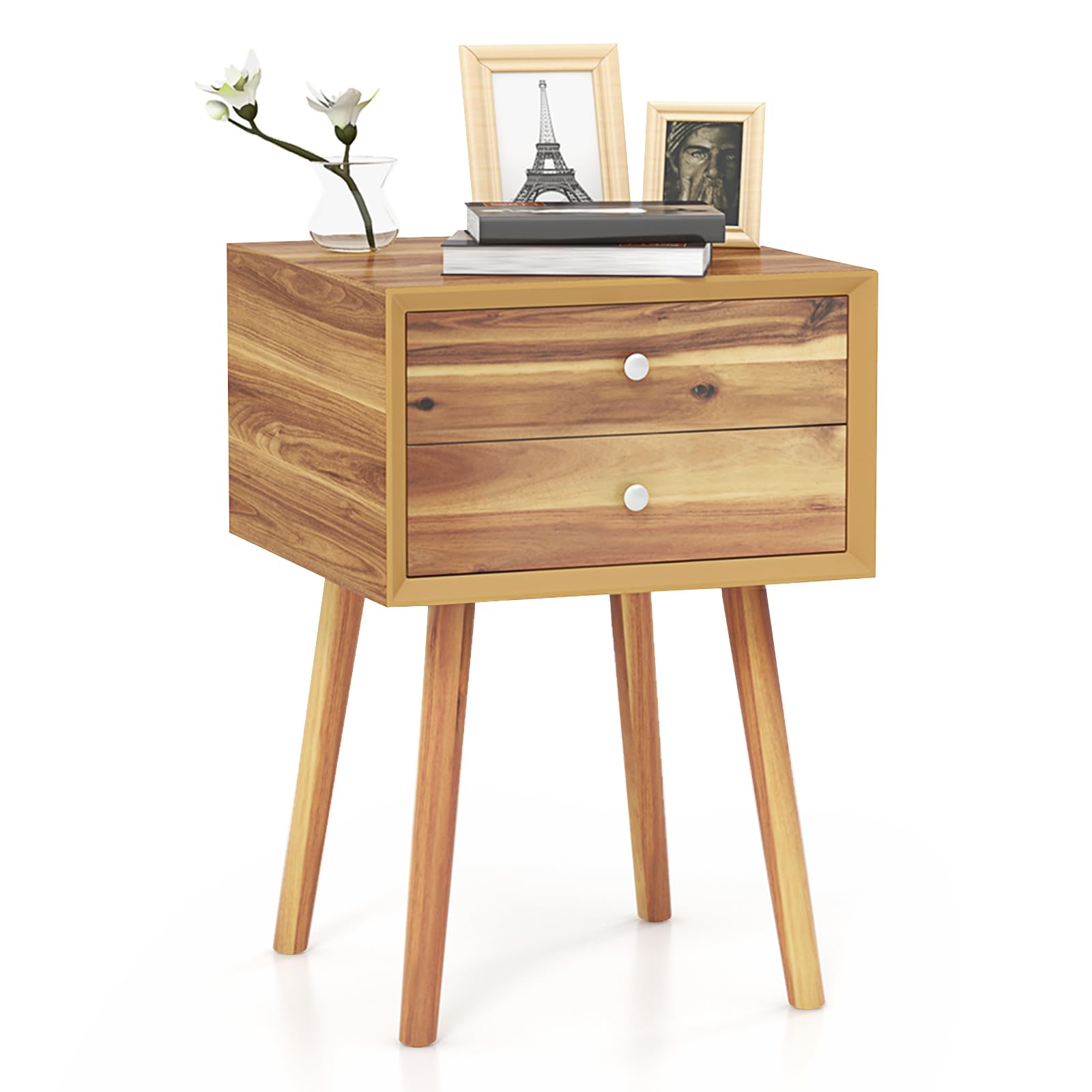 2-Drawer Nightstand, Mid-Century Modern Bed Side Table with Storage