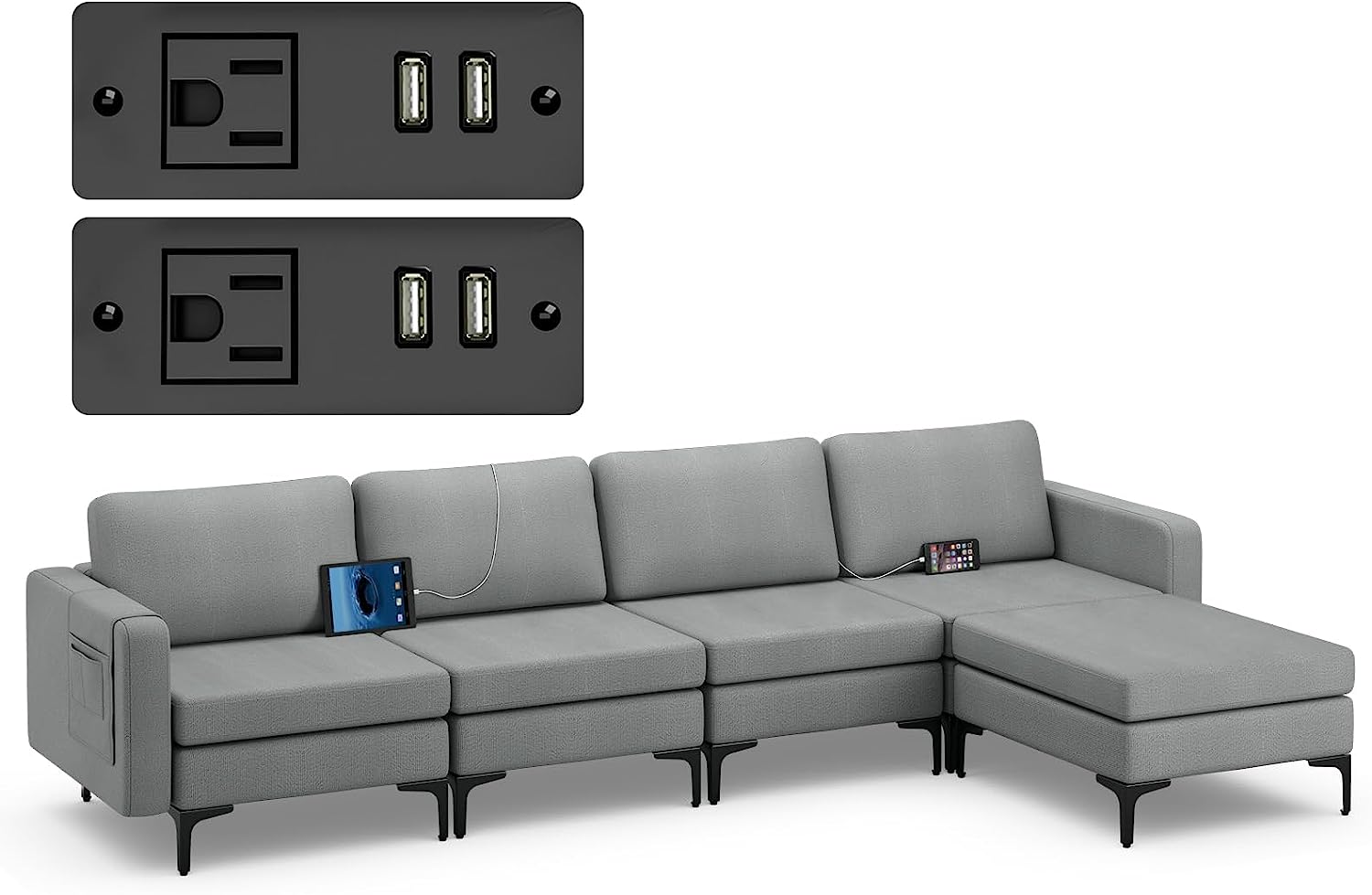 4 Seat Convertible L-Shaped Sofa Couch, 123 Inch Sectional Sleeper with 2 USB Ports Socket