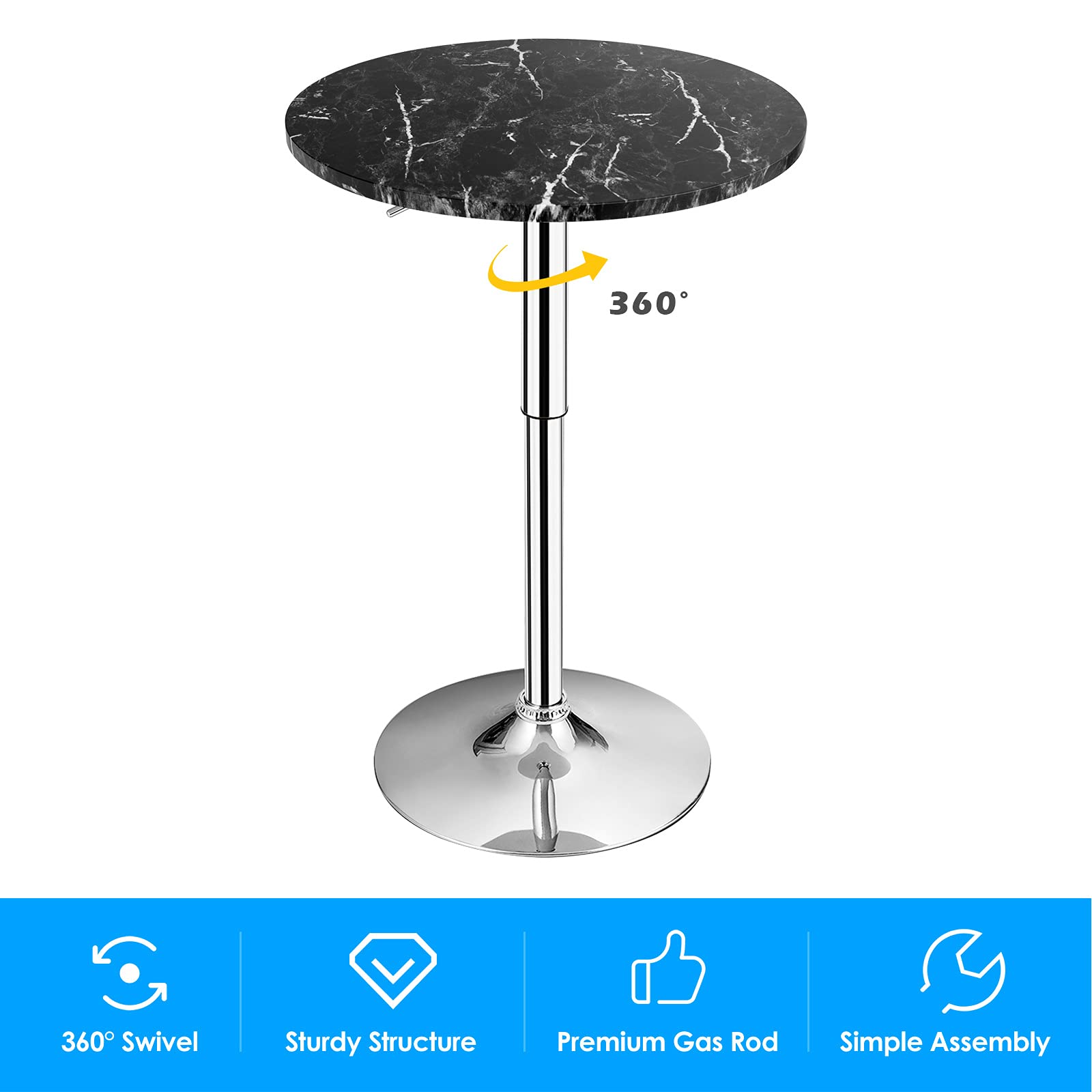 Round Pub Table Height Adjustable, 360&deg; Swivel Cocktail Pub Table with Sliver Leg and Base