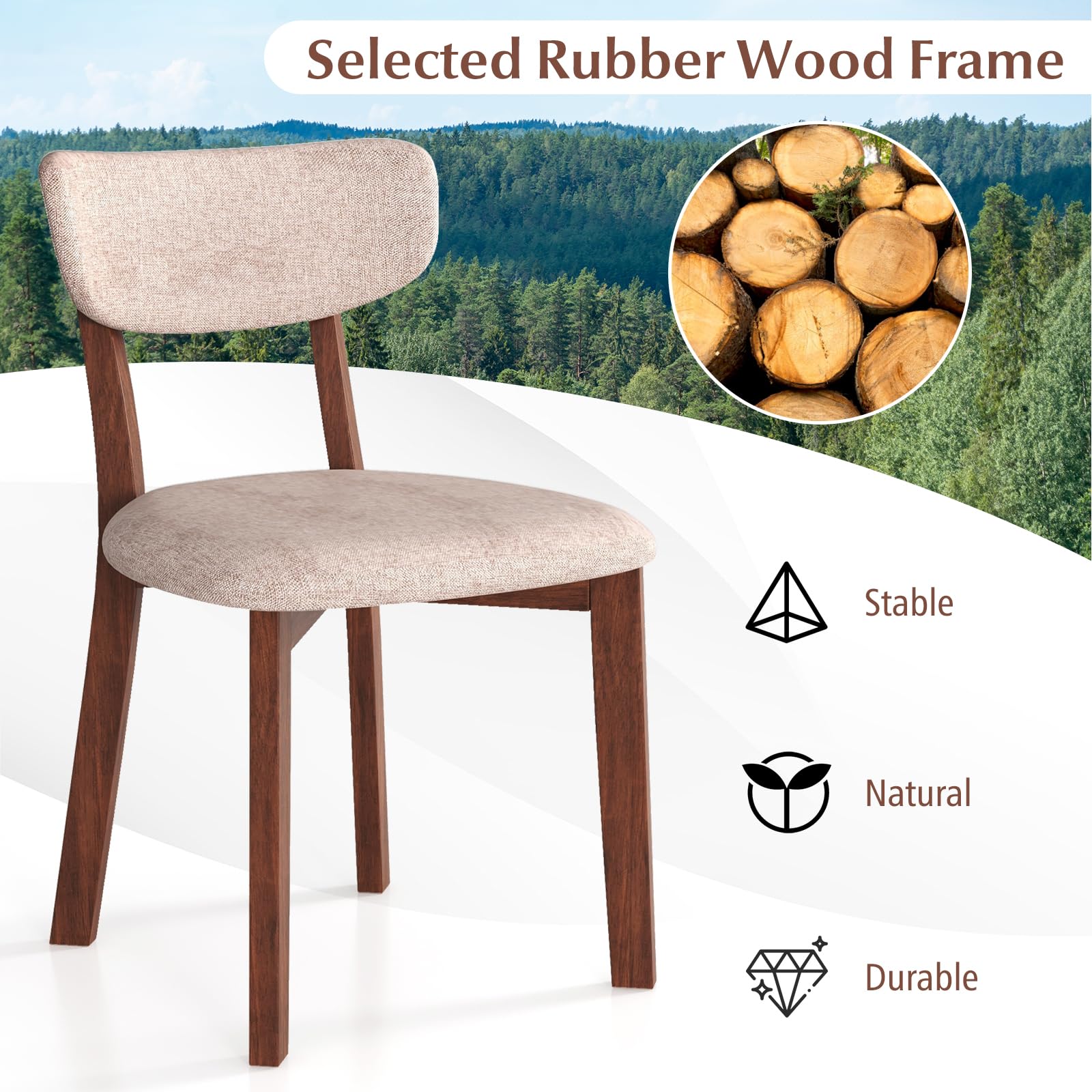 Dining Chairs Set of 2/4, Upholstered Mid-Back Kitchen Chairs with Solid Rubber Wood Frame, Curved Backrest & Padded Seat Cushion