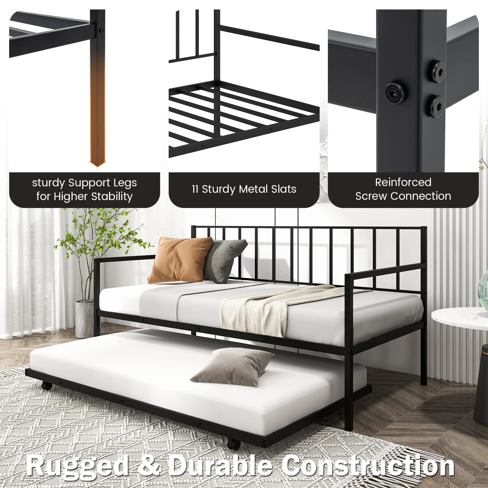 Twin Metal Daybed with Trundle, Metal Sofa Bed & Pull-Out Trundle Set with Lockable Casters