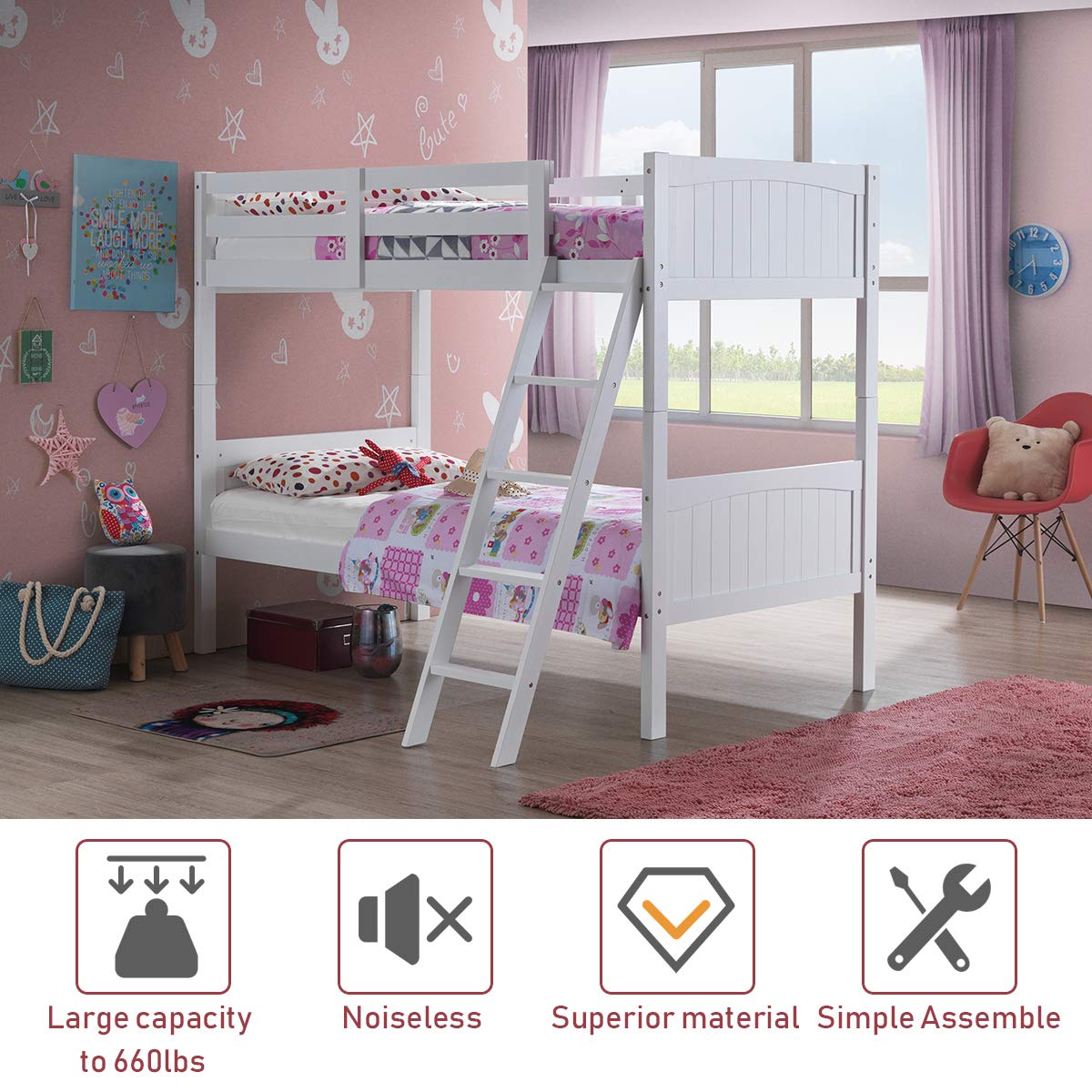 Wood Twin Over Twin Bunk Beds, Convertible 2 Individual Twin Beds for Kids Children