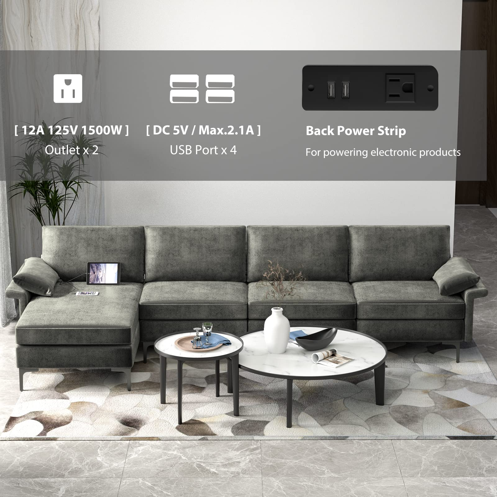 130.5 Inch Extra Large Convertible Sectional Sofa with Reversible Chaise Lounge, 3-Hole Outlets & 4 USB Ports