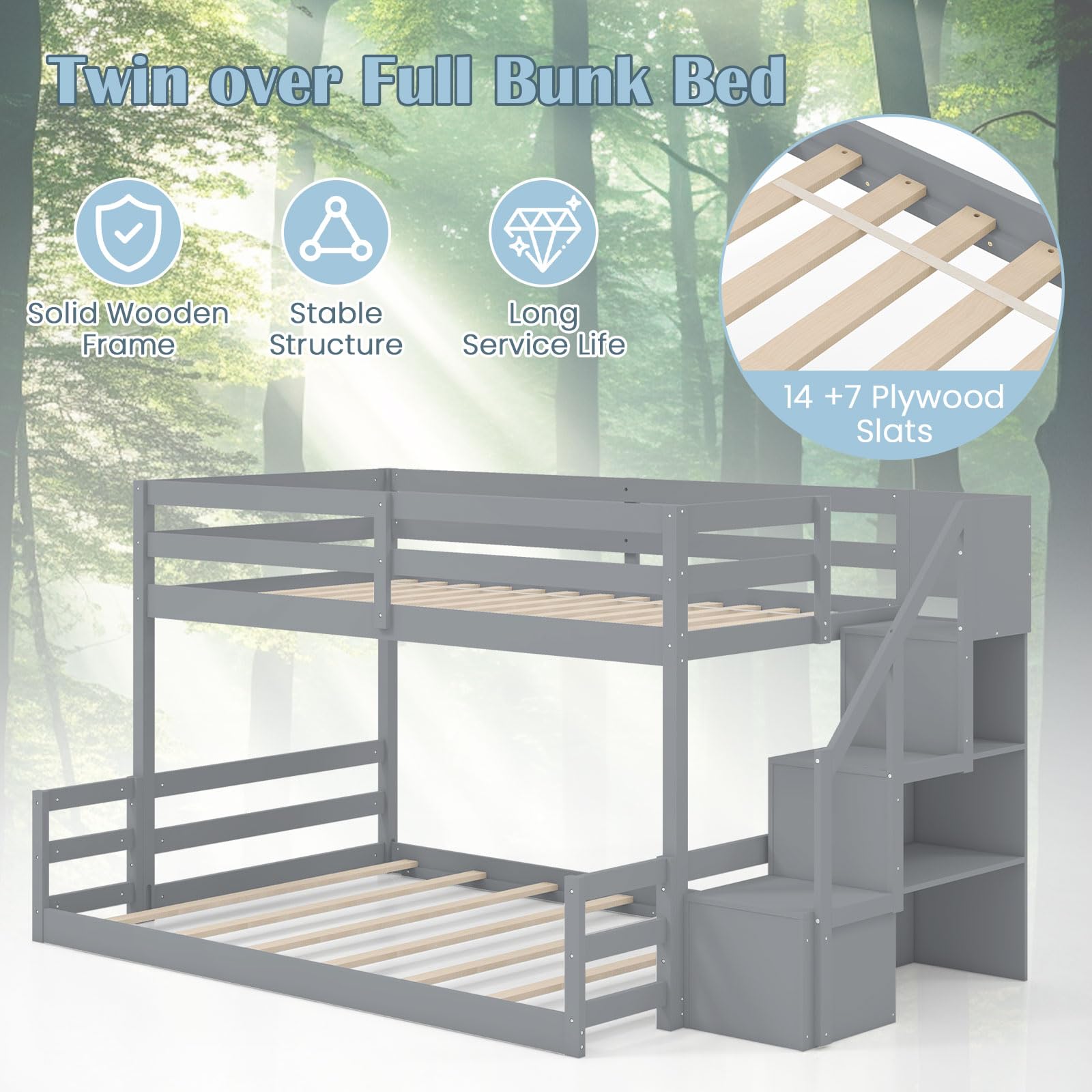 Bunk Bed with Stairs, Solid Wood Floor Bunk Bed with Storage Staircase & Full-Length Guardrails