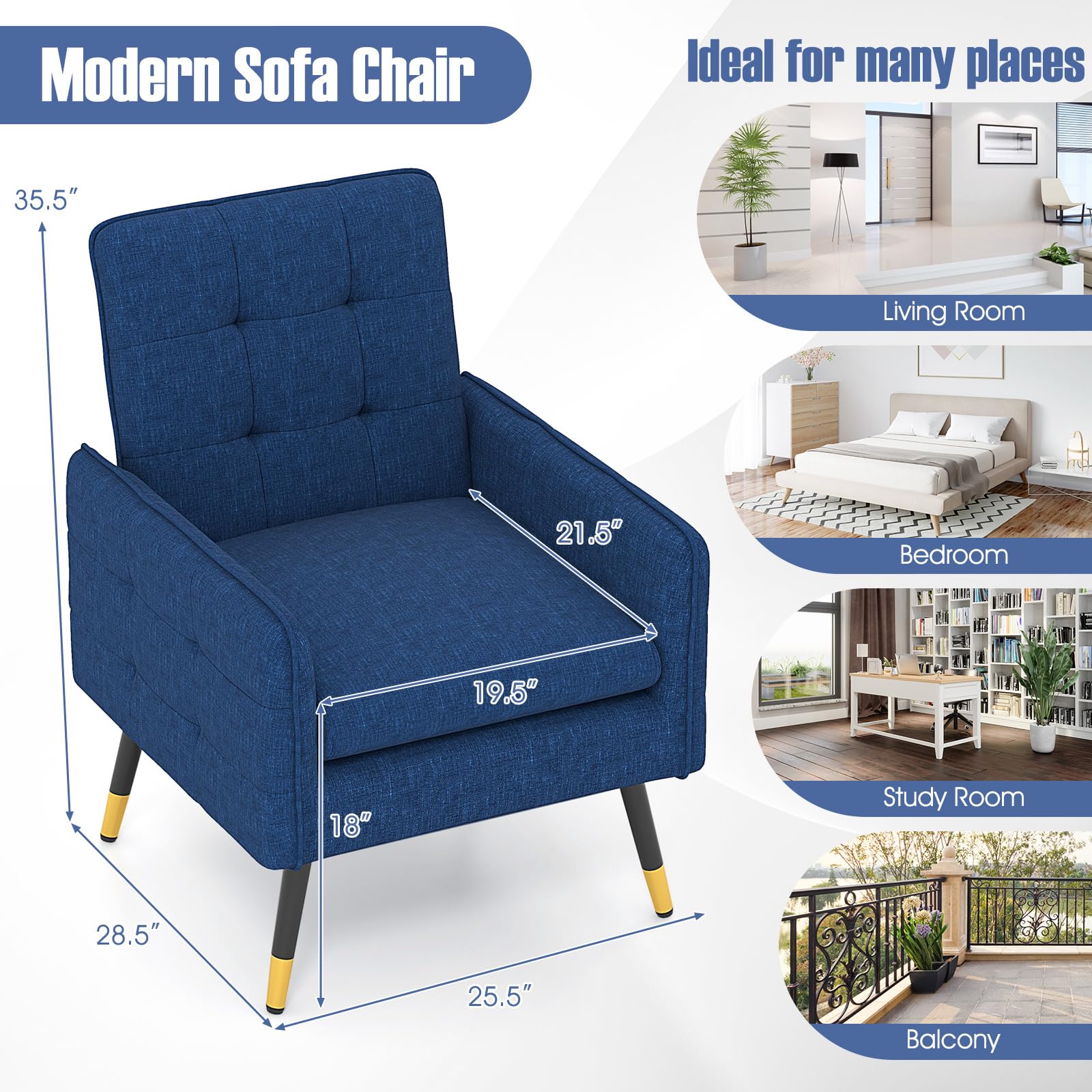 Modern Accent Chair, Upholstered Armchair Single Sofa Chair with Metal Legs & Adjustable Foot Pads