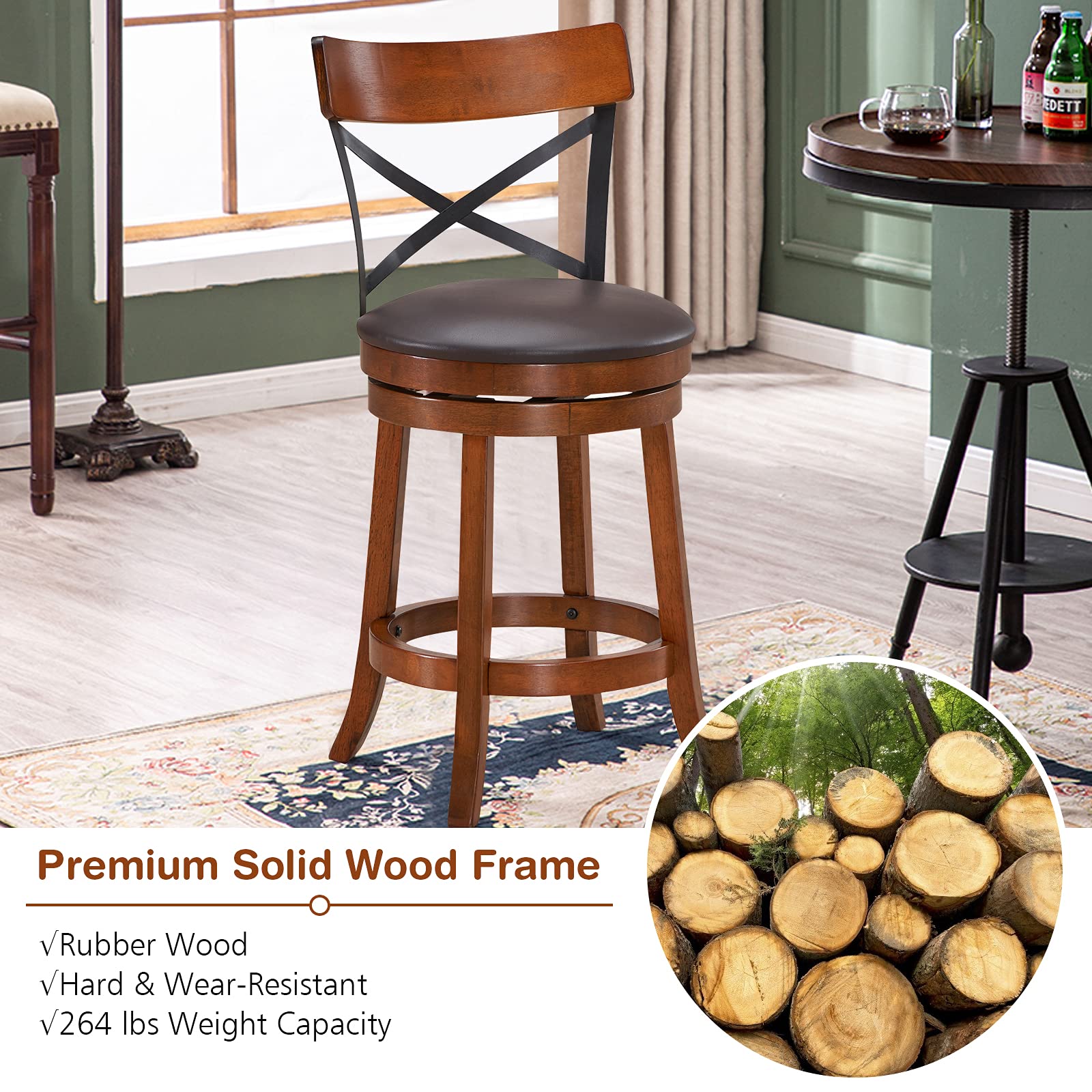 360-Degree Swivel Solid Wood  Bar Stool Set of 2/4 with Soft Cushion & Backrest