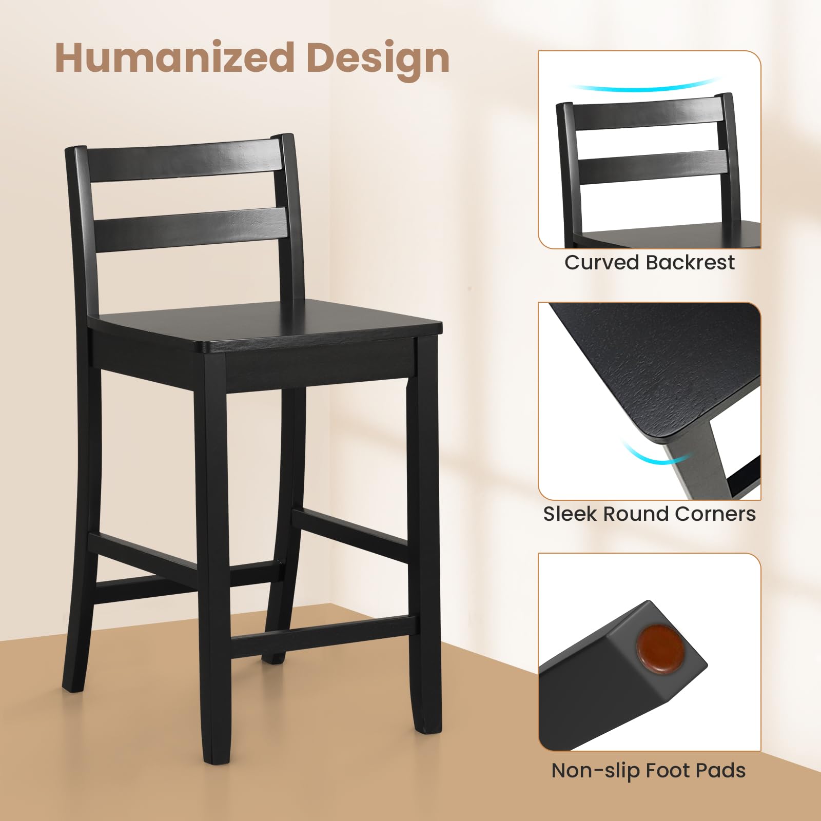 Wooden Bar Stools Set of 2/4, 24-Inch Counter Height Stools with Ergonomic Backrest & Footrest