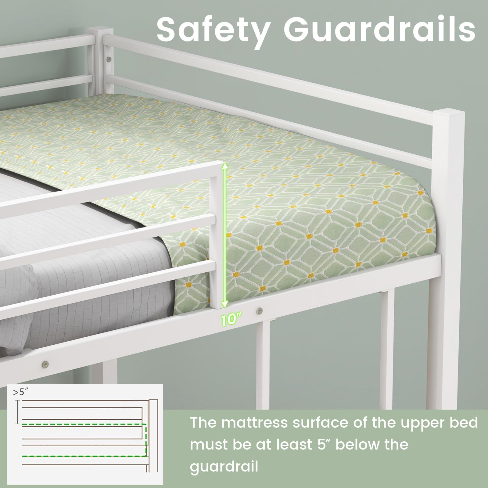 Twin Over Twin Metal Low Floor Bunk Bed with Safety Guard Rail & Ladder