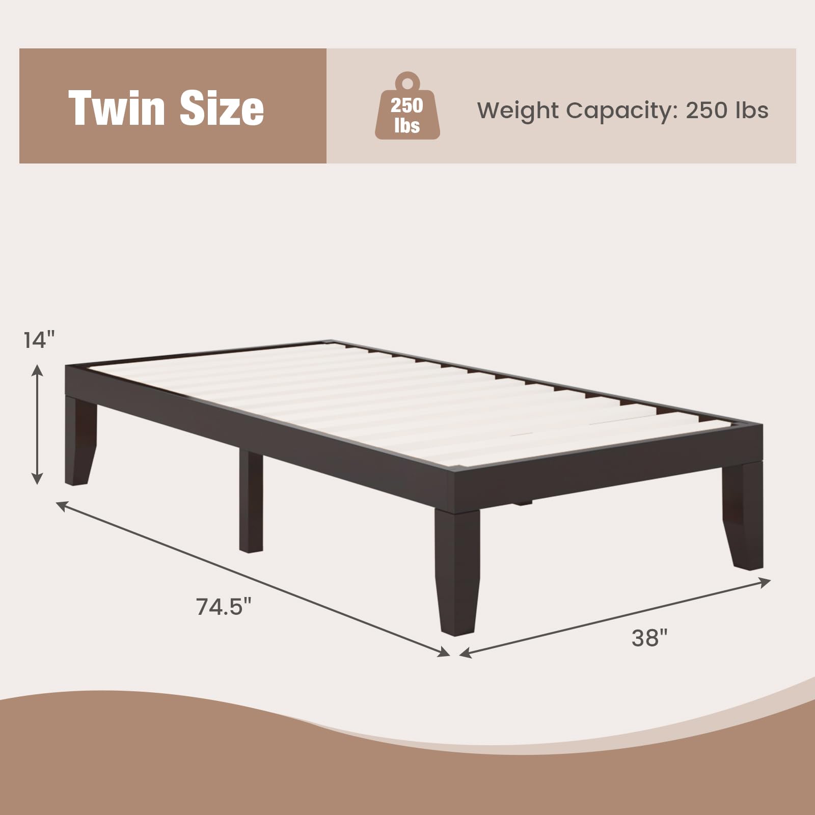14 Inches Wood Platform Bed Frame, Solid Wood Mattress Foundation with Rubber Wood Frame