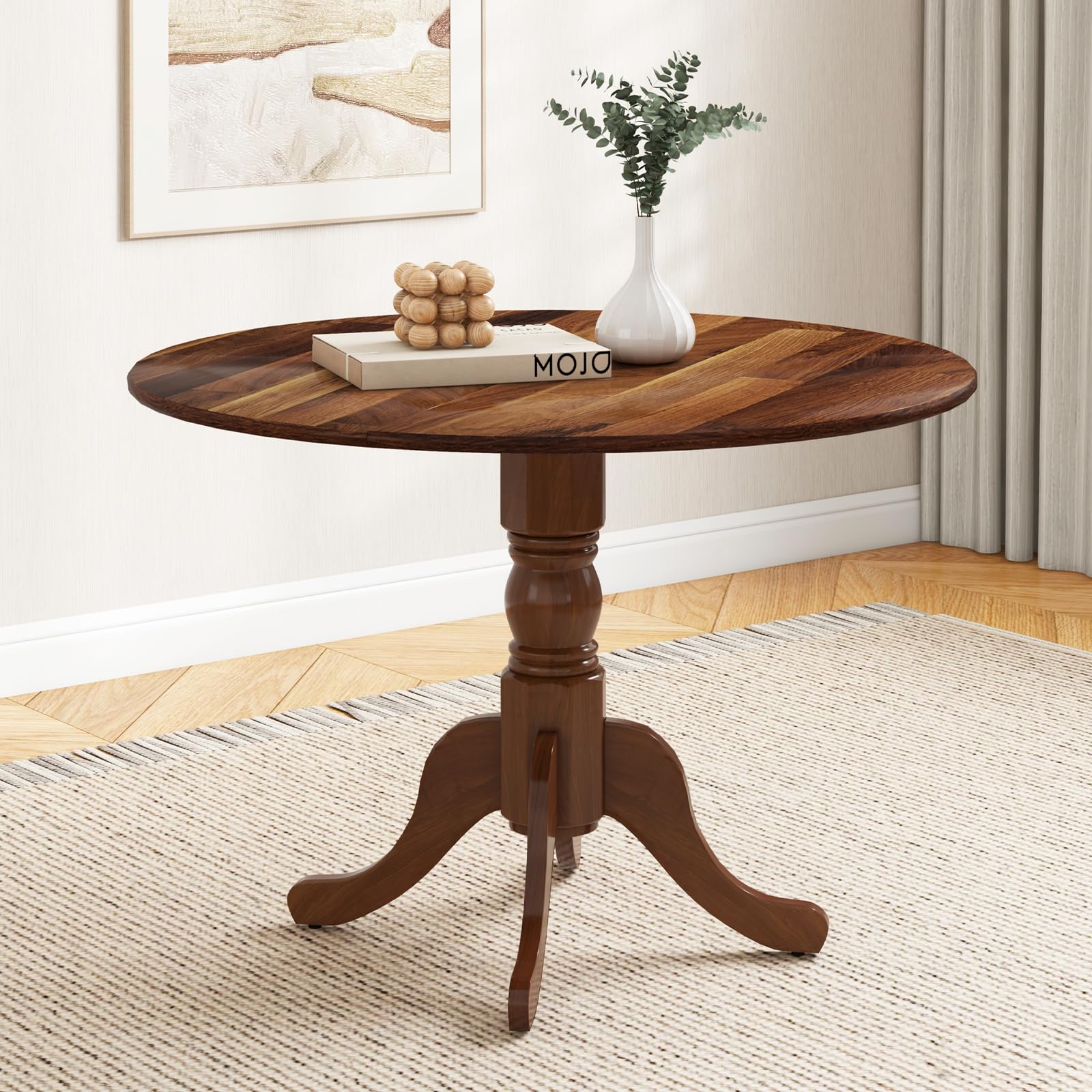 Wood Round Dining Table for 4 People with Round Tabletop & Curved Trestle Legs