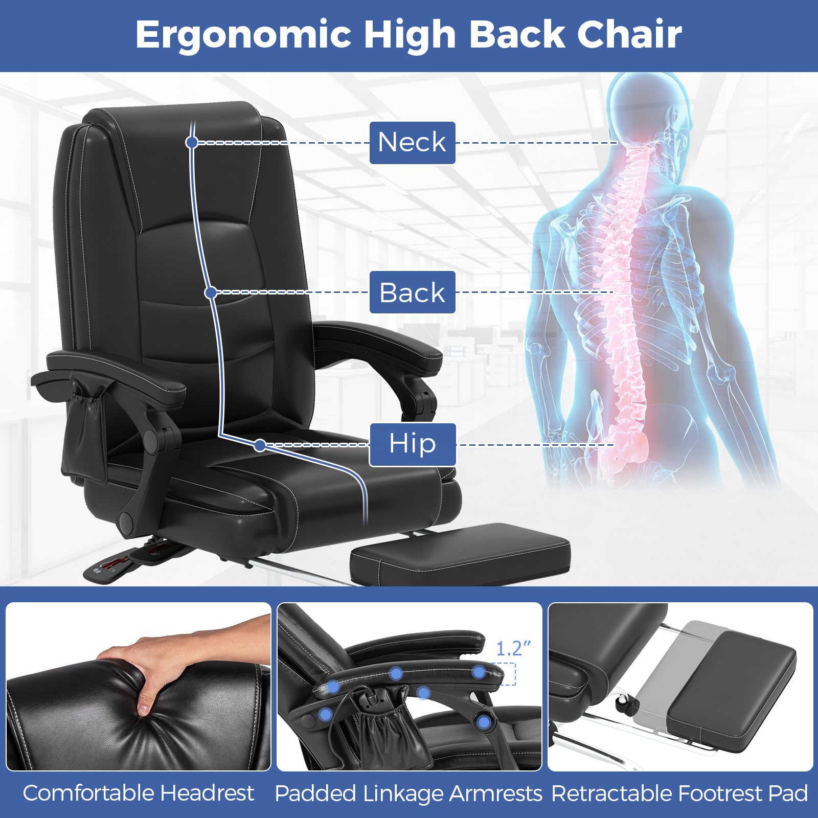 Massage Adjustable Executive Chair - 400 LBS Big and Tall Office Chair with Linkage Armrests