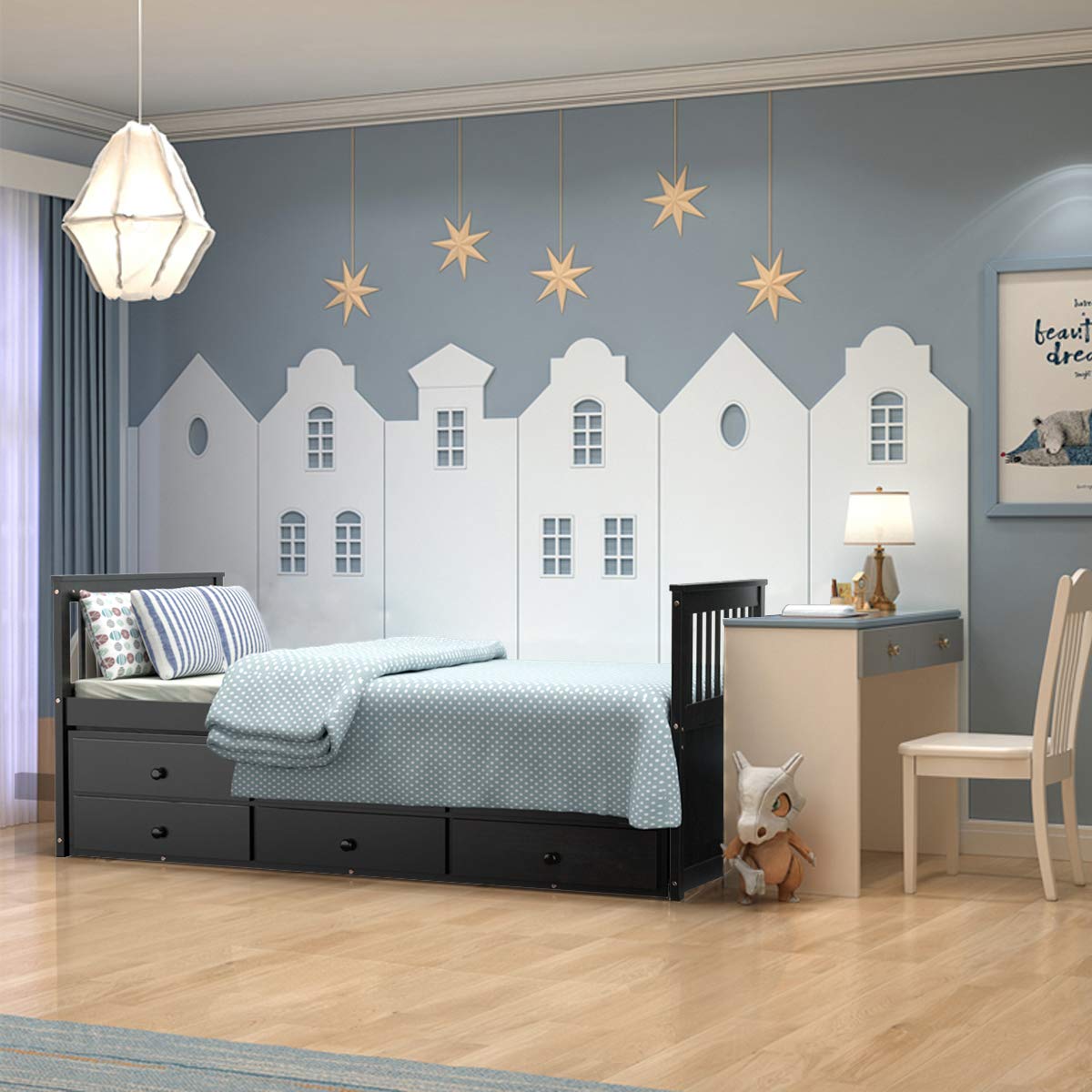 Twin Captain&rsquo;s Bed with Trundle Bed, Wood Storage Daybed with 3 Storage Drawers