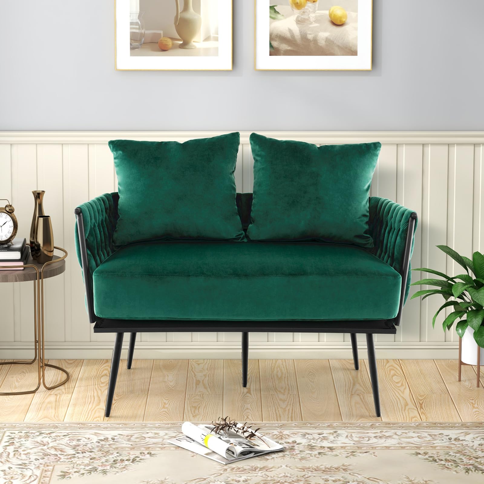 43&rdquo; Loveseat Sofa, Modern Upholstered 2-Seat Sofa with 2 Back Pillows, Woven Backrest & Armrest