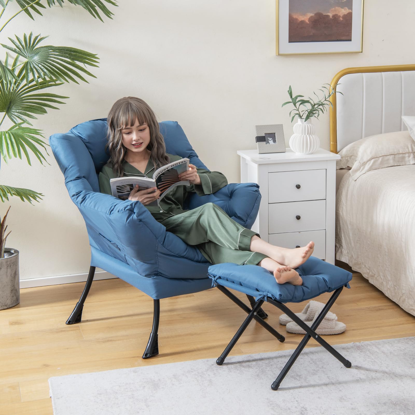Lazy Sofa Chair with Ottoman, Upholstered Leisure Lounge Armchair with Folding Footrest, Side Storage Pocket