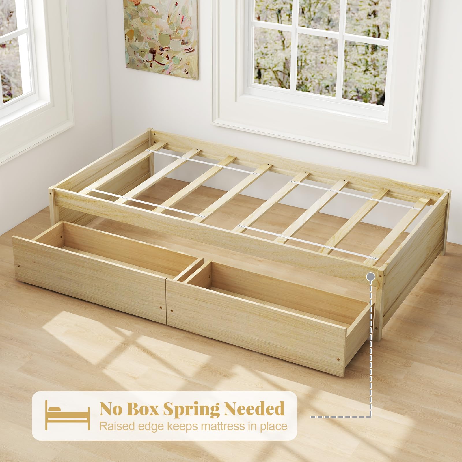 Bed Frame with 2 Storage Drawers, Solid Wood Platform Bed with Slats Support