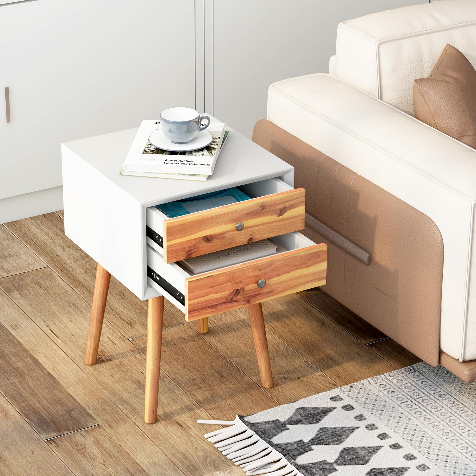 2-Drawer Nightstand, Mid-Century Modern Bed Side Table with Storage