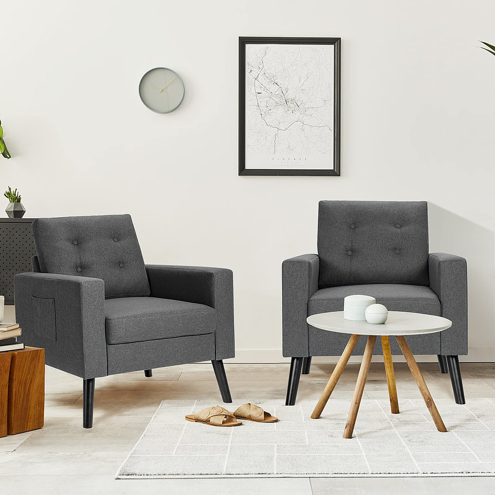 Modern Accent Chair, Mid-Century Upholstered Armchair Club Chair with Rubber Wood Legs