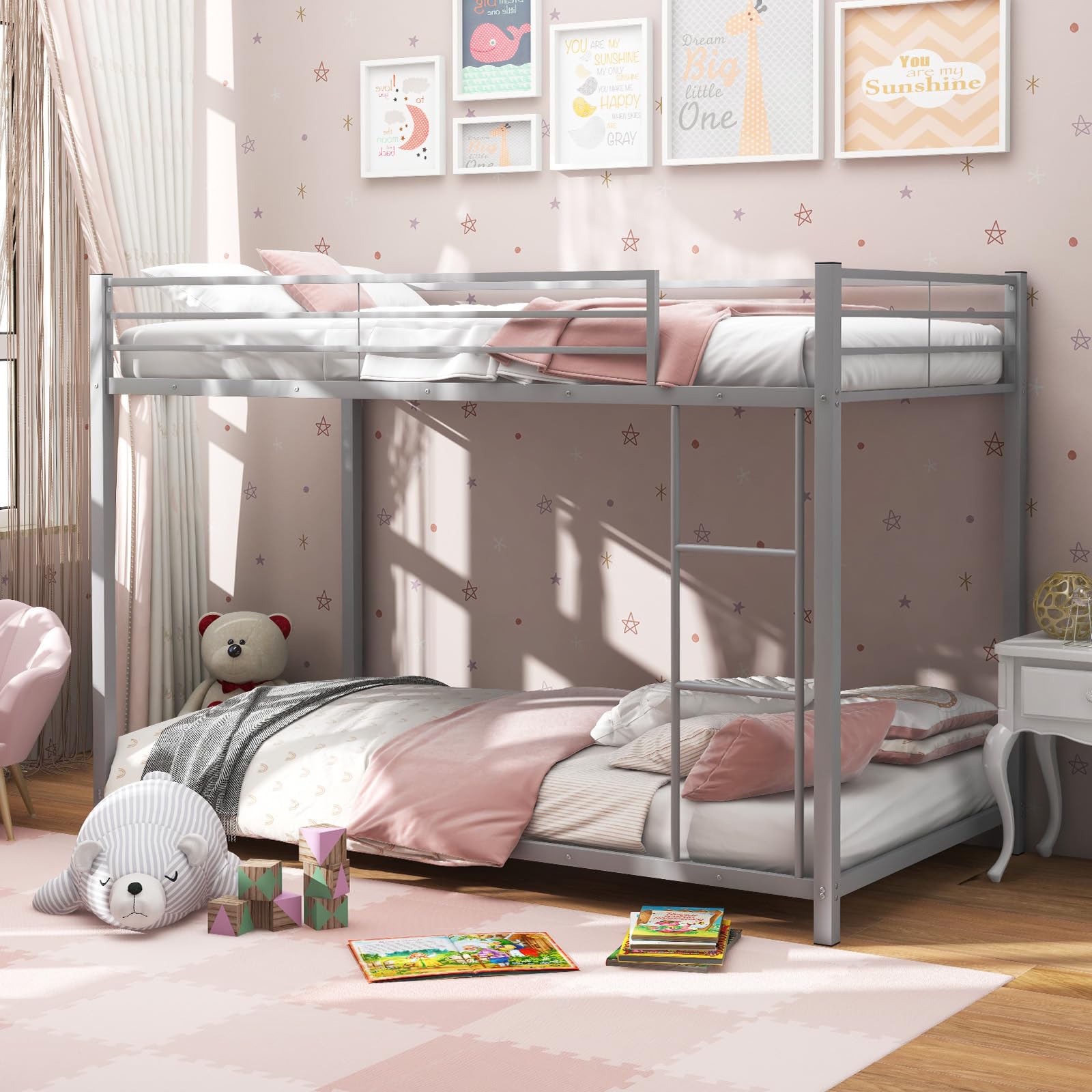 Twin Over Twin Metal Low Profile Bunk Bed with Safety Guard Rails & Side Ladder