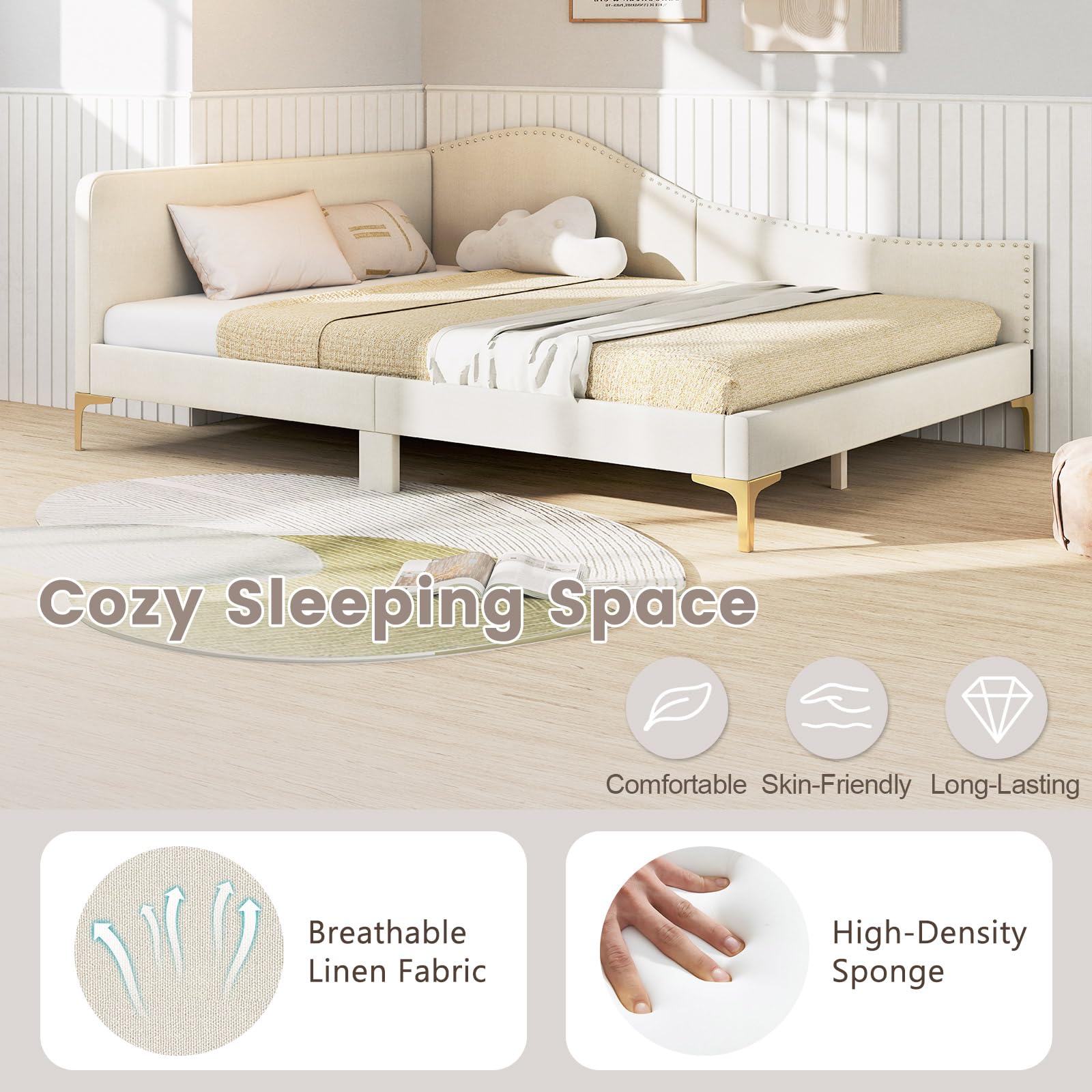 Rivet-Tufted Platform Bed Frame with Headboard, Metal Legs & Wood Slats, L-Shaped Corner Sofa Bed