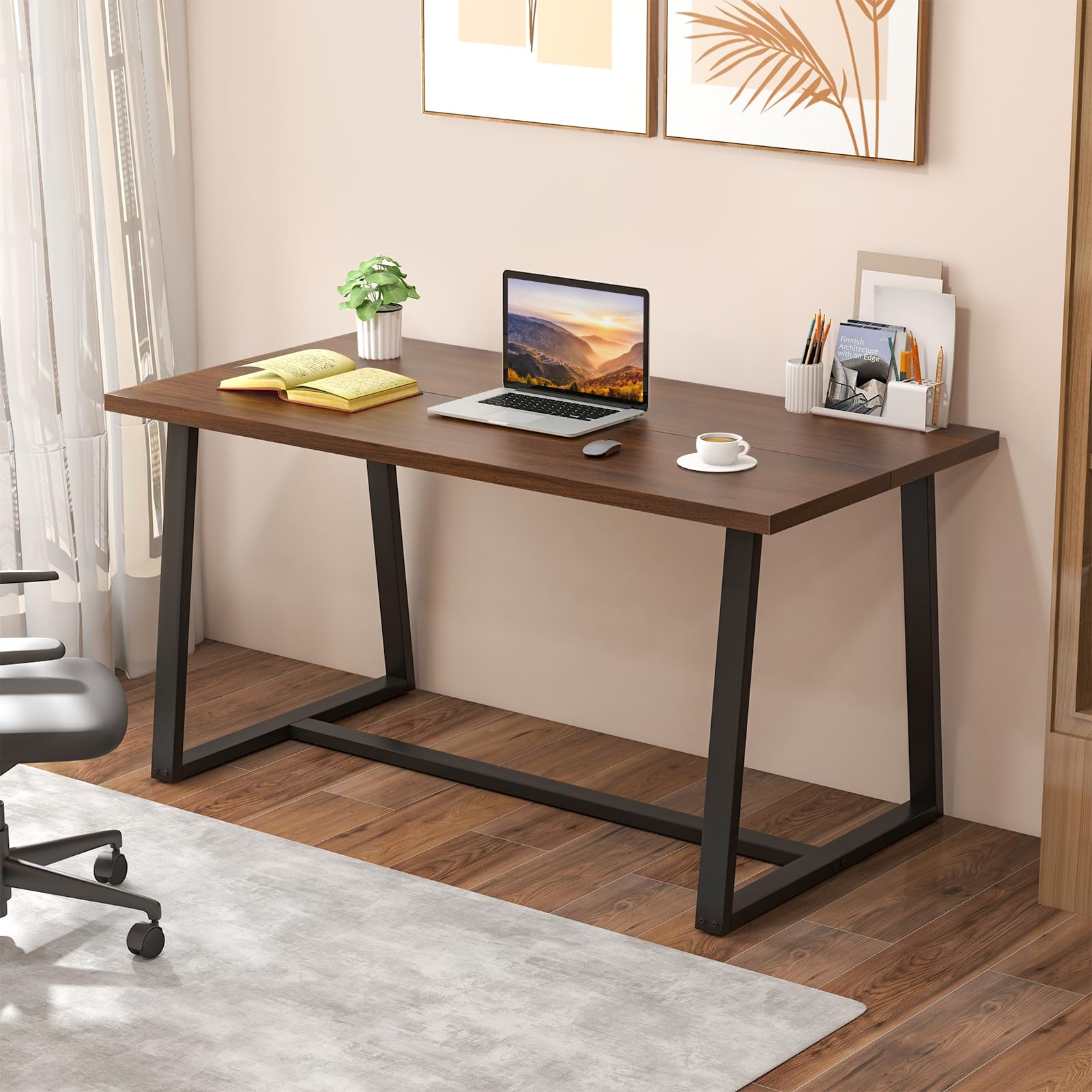 63" Rectangular Large Dining Table for 4-6, Mid-Century Kitchen Table w/Heavy-Duty Metal Frame