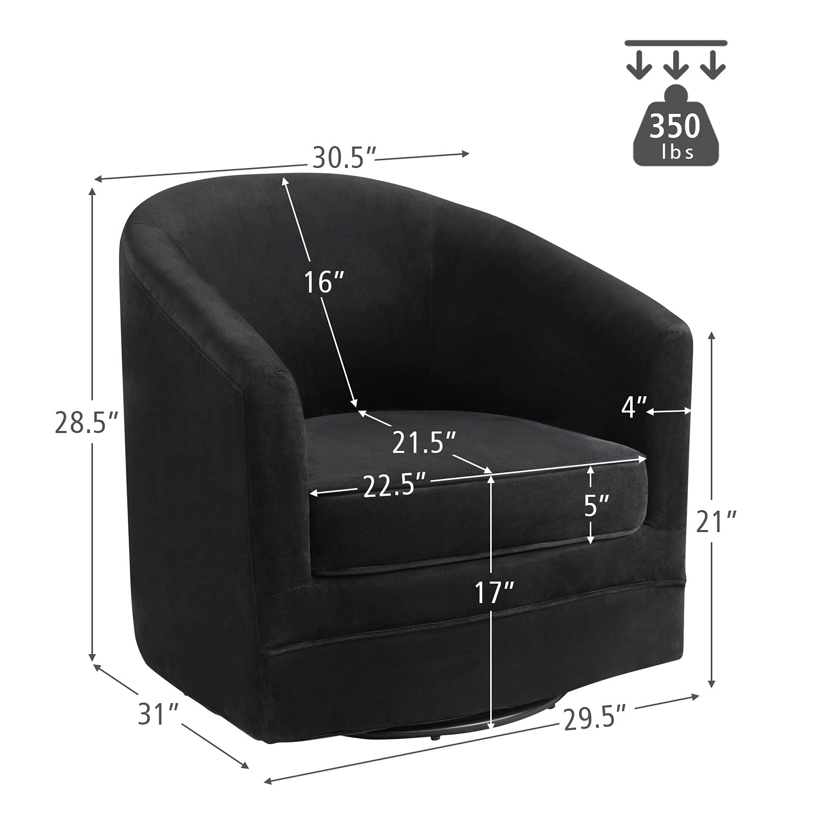Velvet Round Barrel Chair with 360-Degree Swivel Metal Base, Black