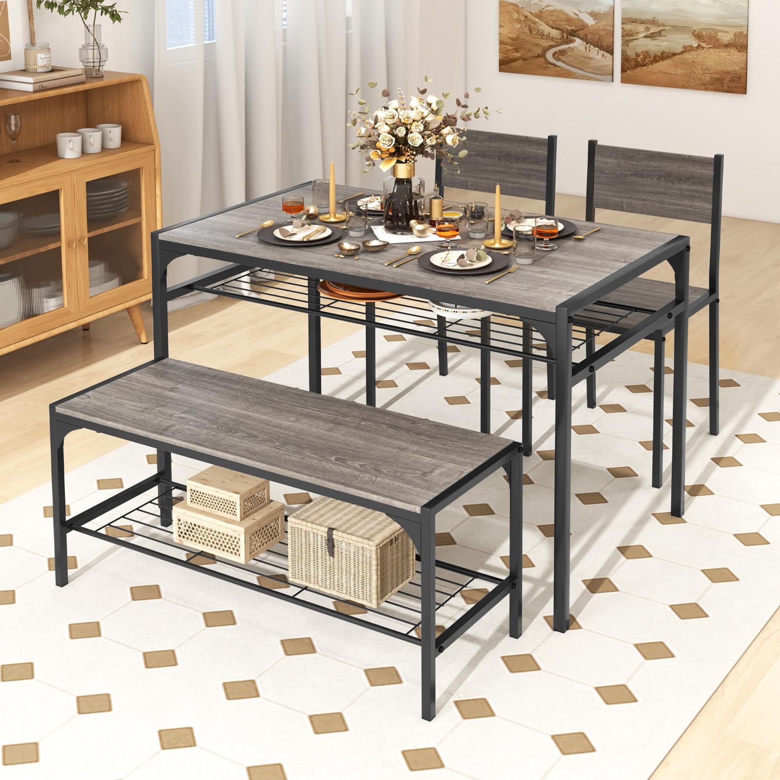4 Pieces Dining Table Set, Kitchen Table and 2 Chairs for 4 with Bench, Storage Racks