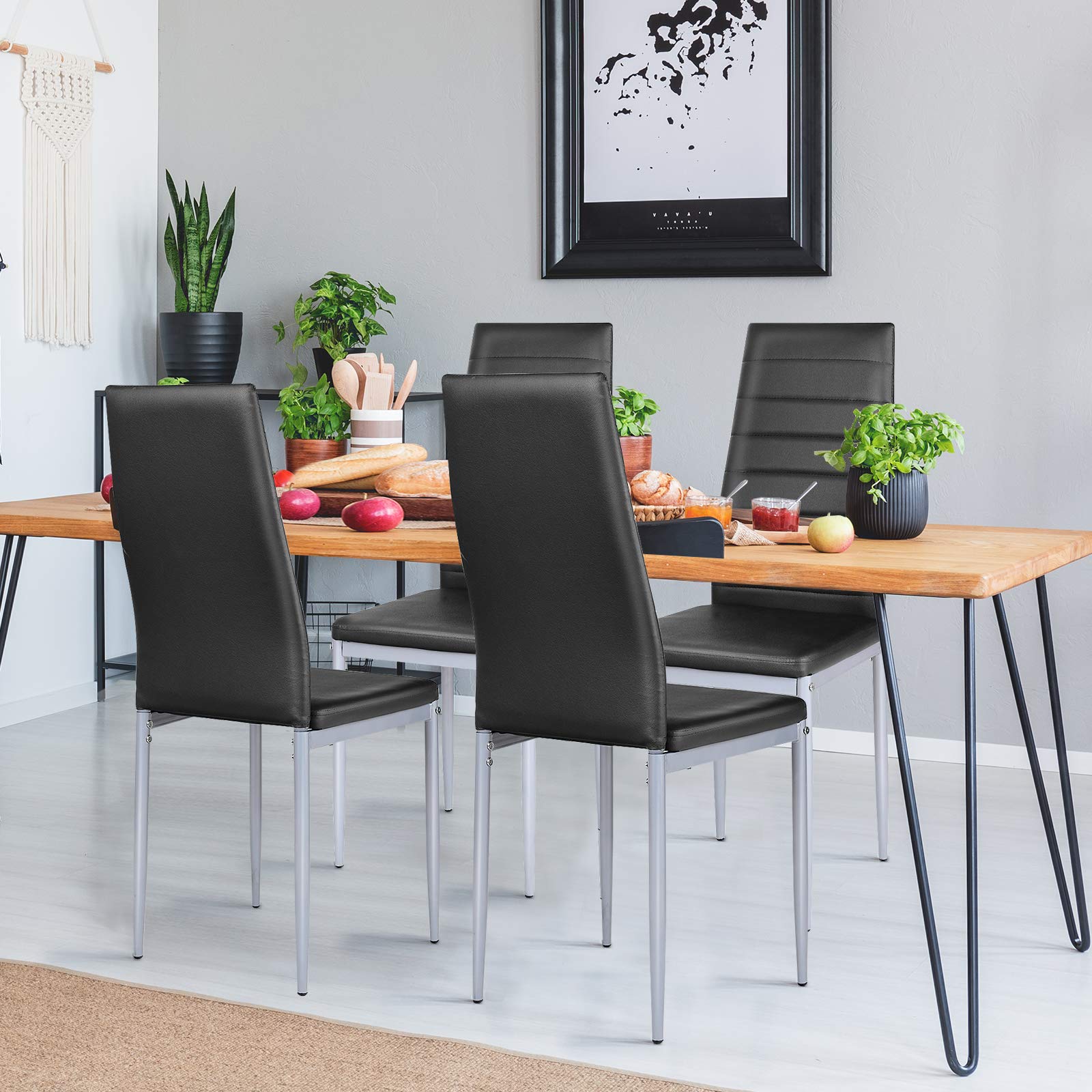 PU Leather Dining Chairs Set of 4, Upholstered Side Chairs w/Ergonomic High Backrest & Steel Frame