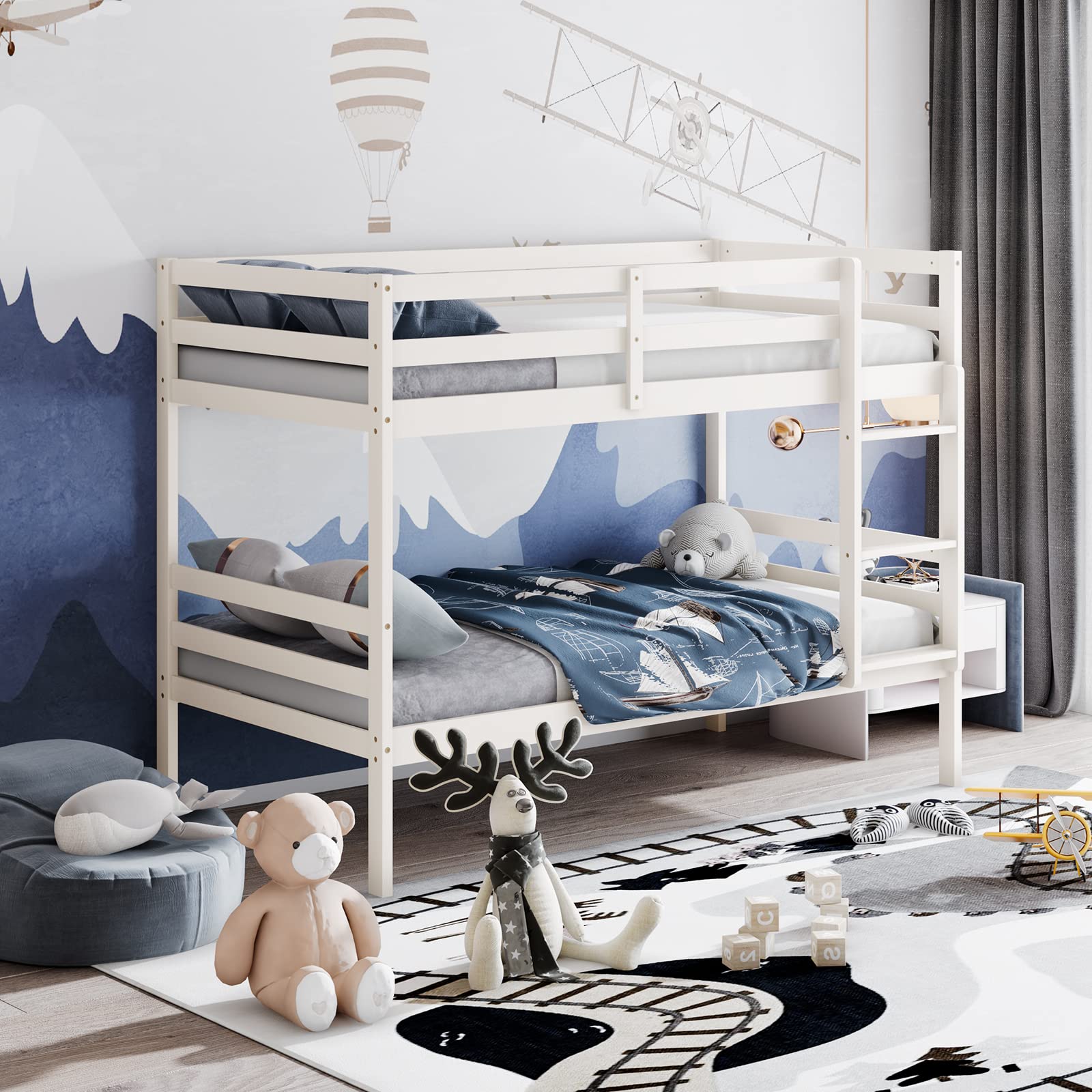 Twin Over Twin Wood Bunk Bed with Ladder & Safety Guardrail