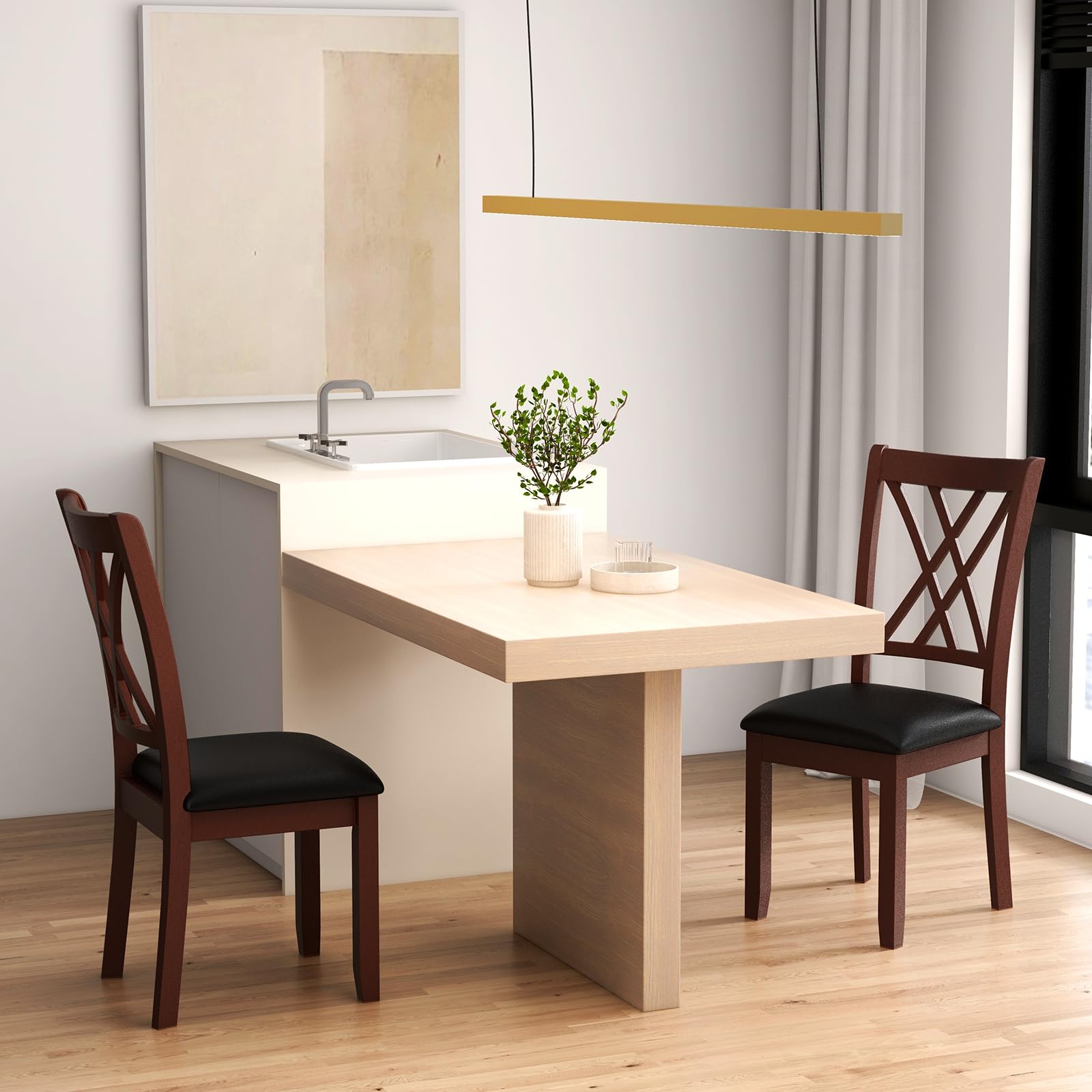 Wood Dining Chairs Set of 2/4, Faux Leather Upholstered Kitchen Chairs with Rubber Wood Legs, Padded Seat