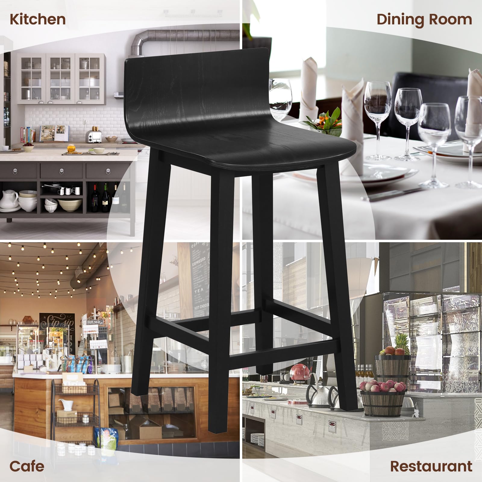 Solid Wood Bar Stools Set of 2/4, Counter Height Chairs with Low Back and Footrest