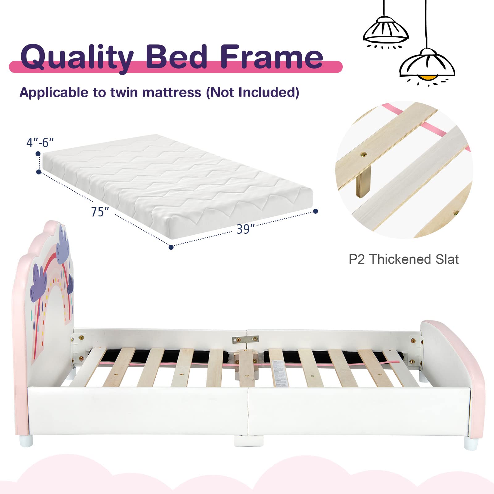 Kids Bed, Toddler Upholstered Platform Floor Bed w/Headboard & Wooden Slat Base