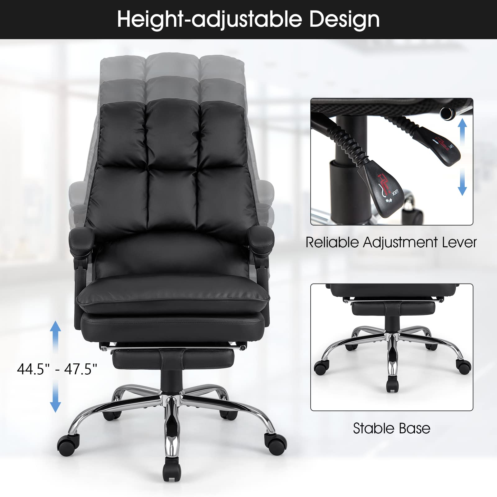 Ergonomic Office Chair with Footrest, PU Leather Reclining Chair with Padded Armrests & Soft Cushioned