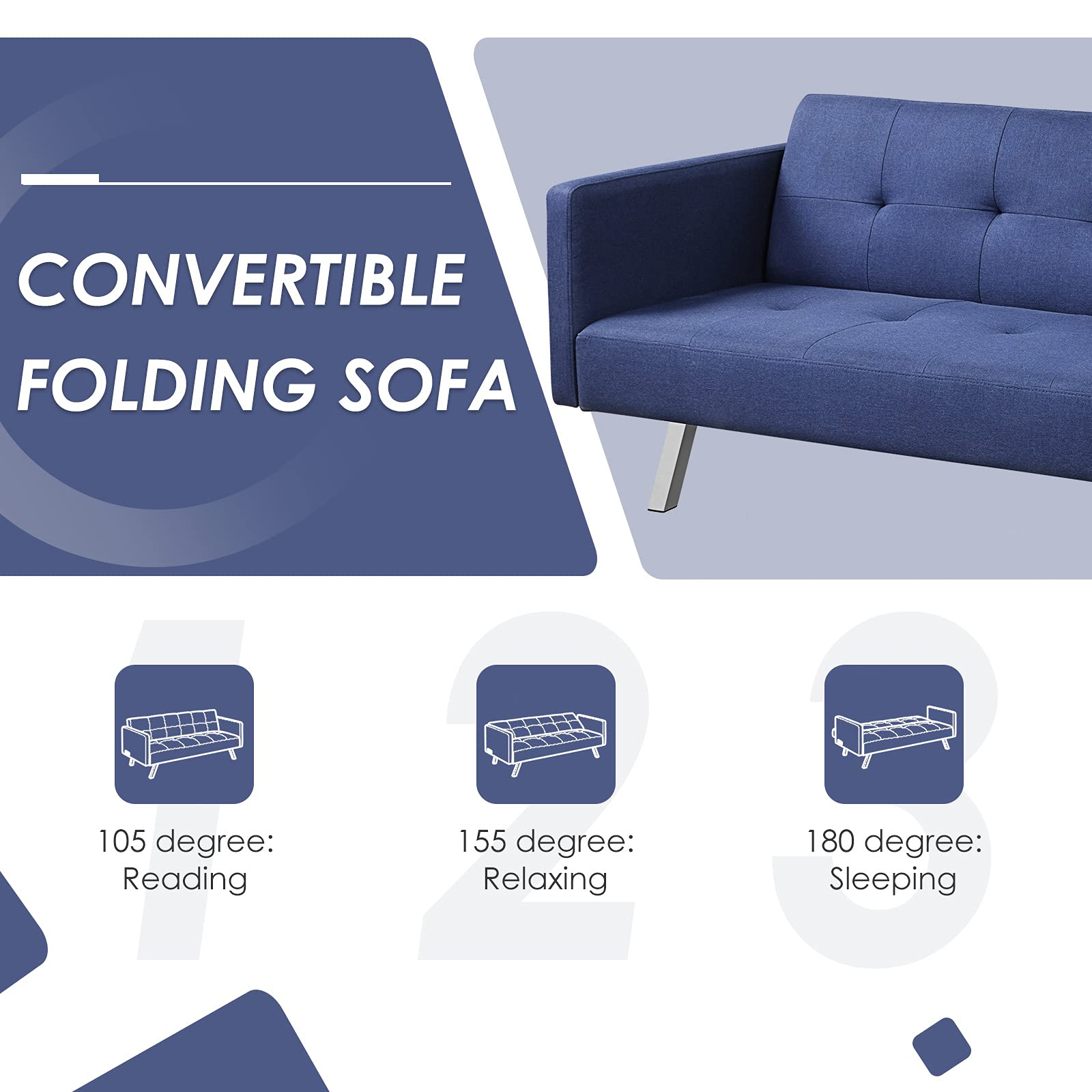 Modern 3 Seat Convertible Futon Sofa Bed with USB and Power Strip