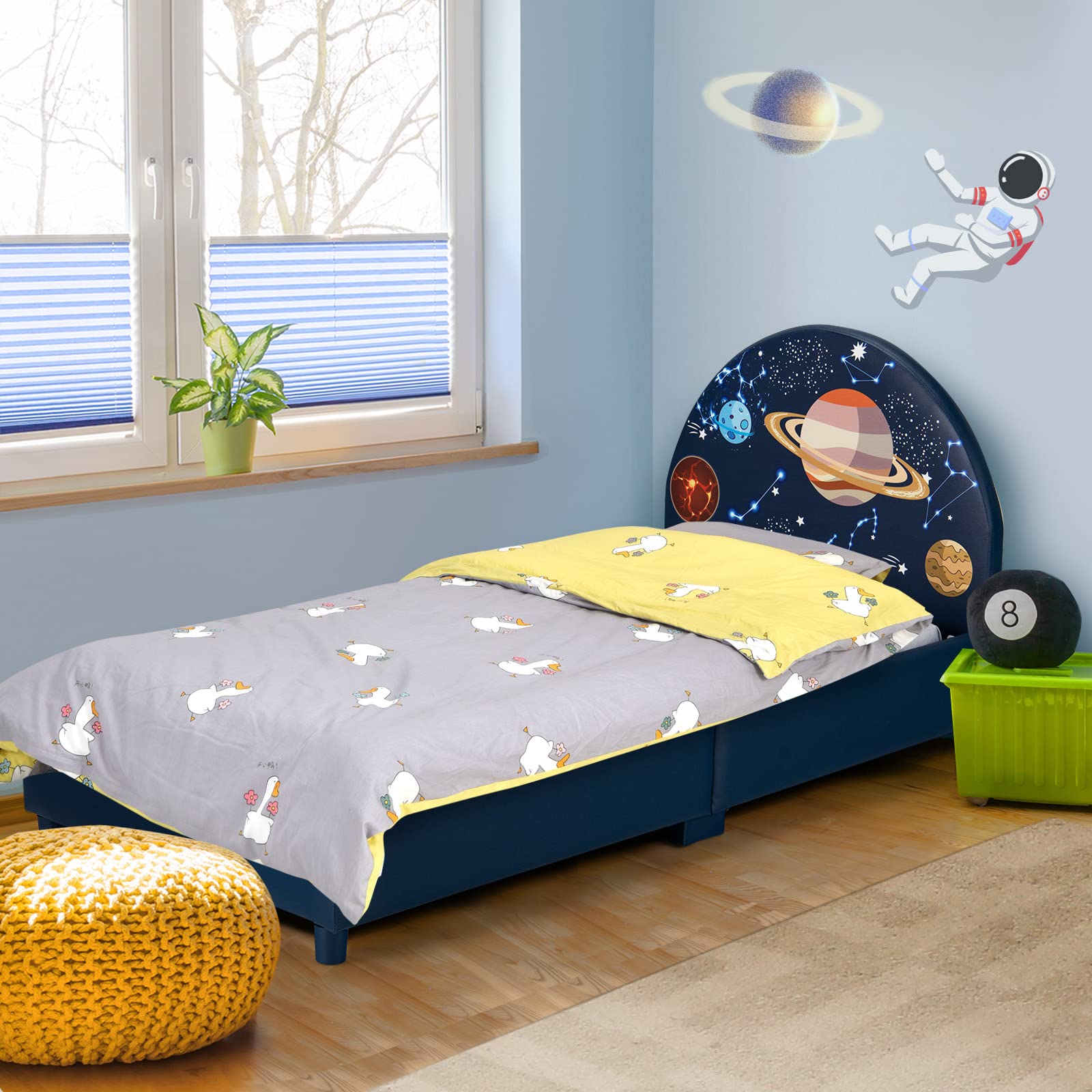 Kids Bed, Toddler Upholstered Platform Floor Bed w/Headboard & Wooden Slat Base