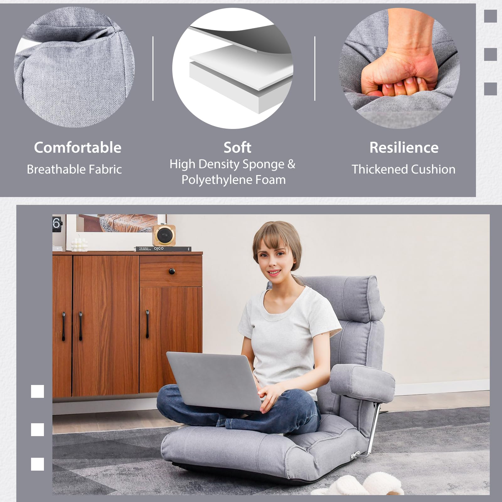 Adjustable Folding Floor Sofa Chair, Upholstered Indoor Chaise Lounge with 6-position