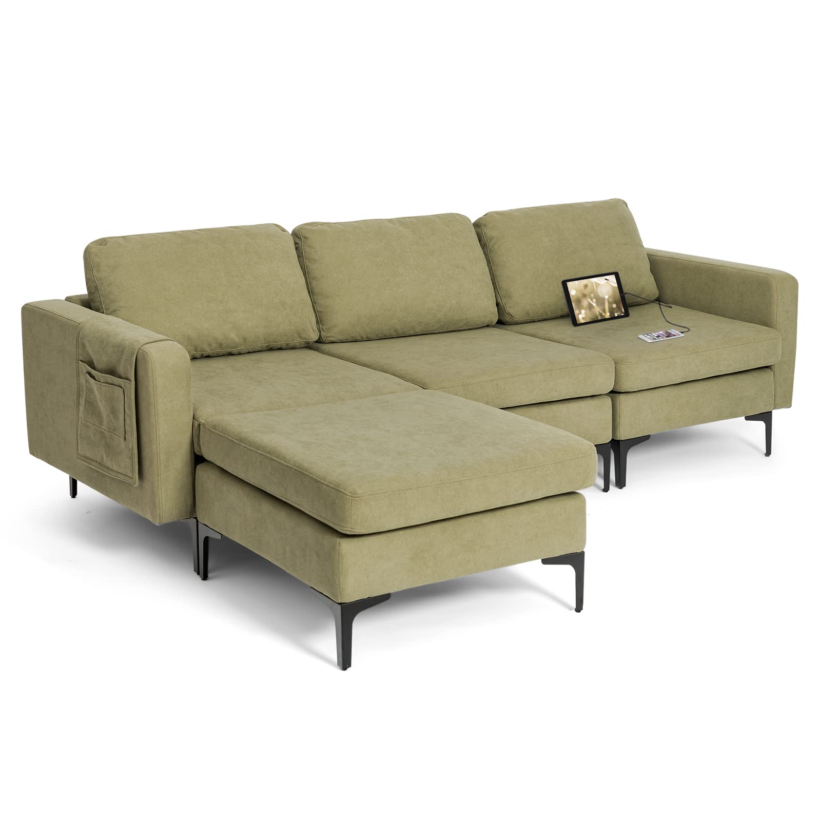 Convertible Sectional Sofa Couch, 3-Seat L Shaped Couch with Reversible Ottoman, Built-in Socket & USB Ports