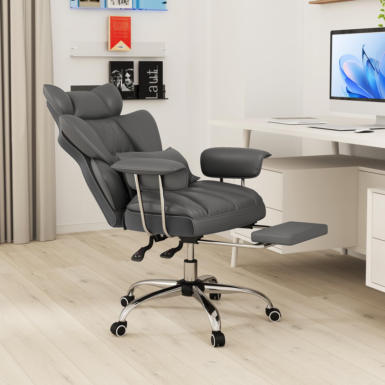400 LBS Big and Tall Office Chair, PU Leather Executive Desk Chair w/Retractable Footrest