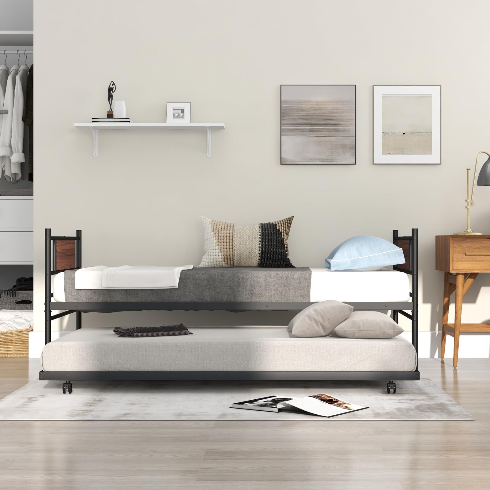 Twin Size Metal Daybed with  Trundle, Wood Grain Headboard & Metal Slat Support