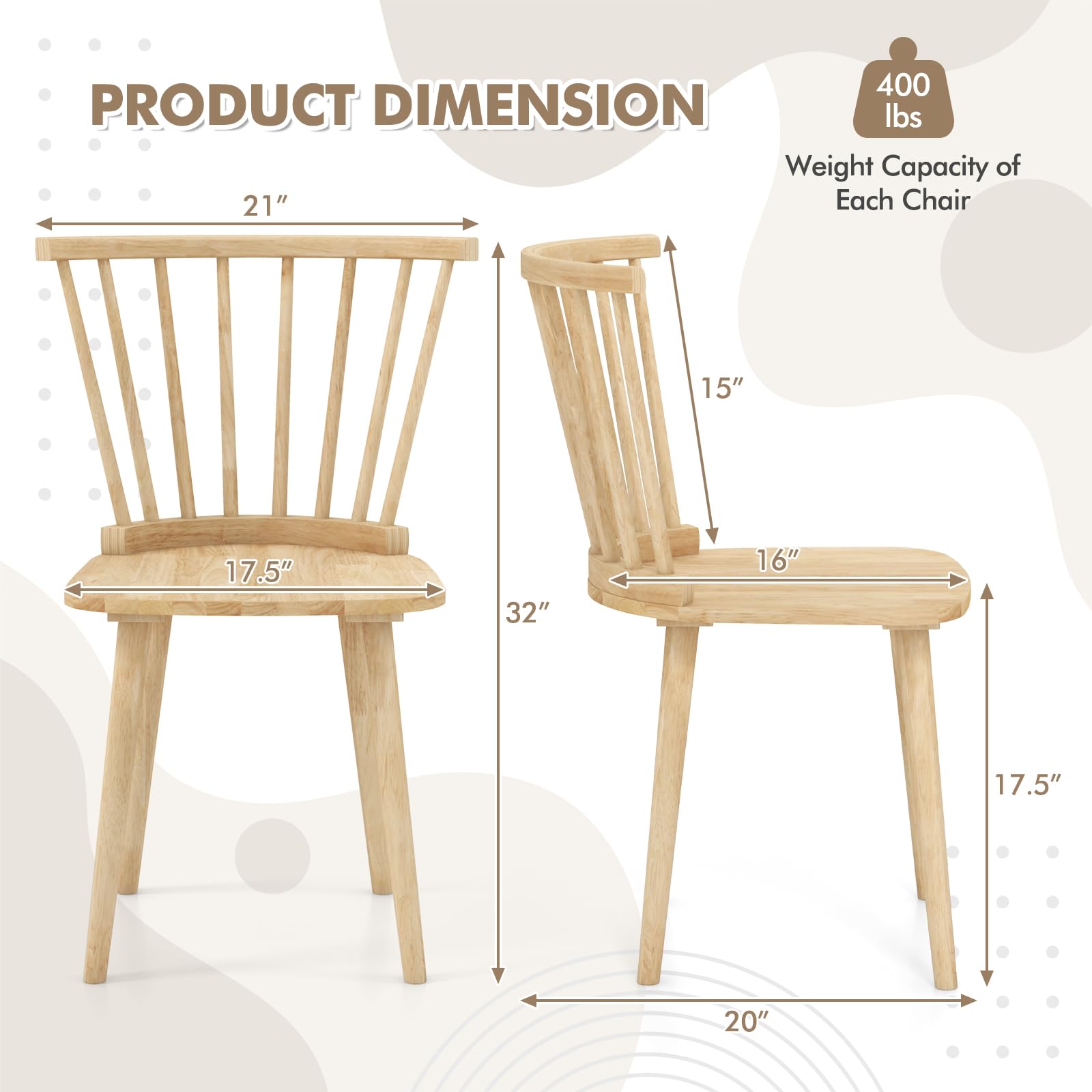 Wood Dining Chairs Set of 2/4, Windsor Dining Chairs with High Spindle Back