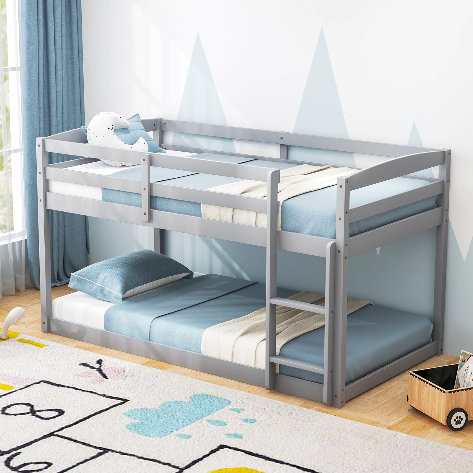 Twin Over Twin Solid Wood Low Bunk Bed with Full Guardrails & Integrated Ladder