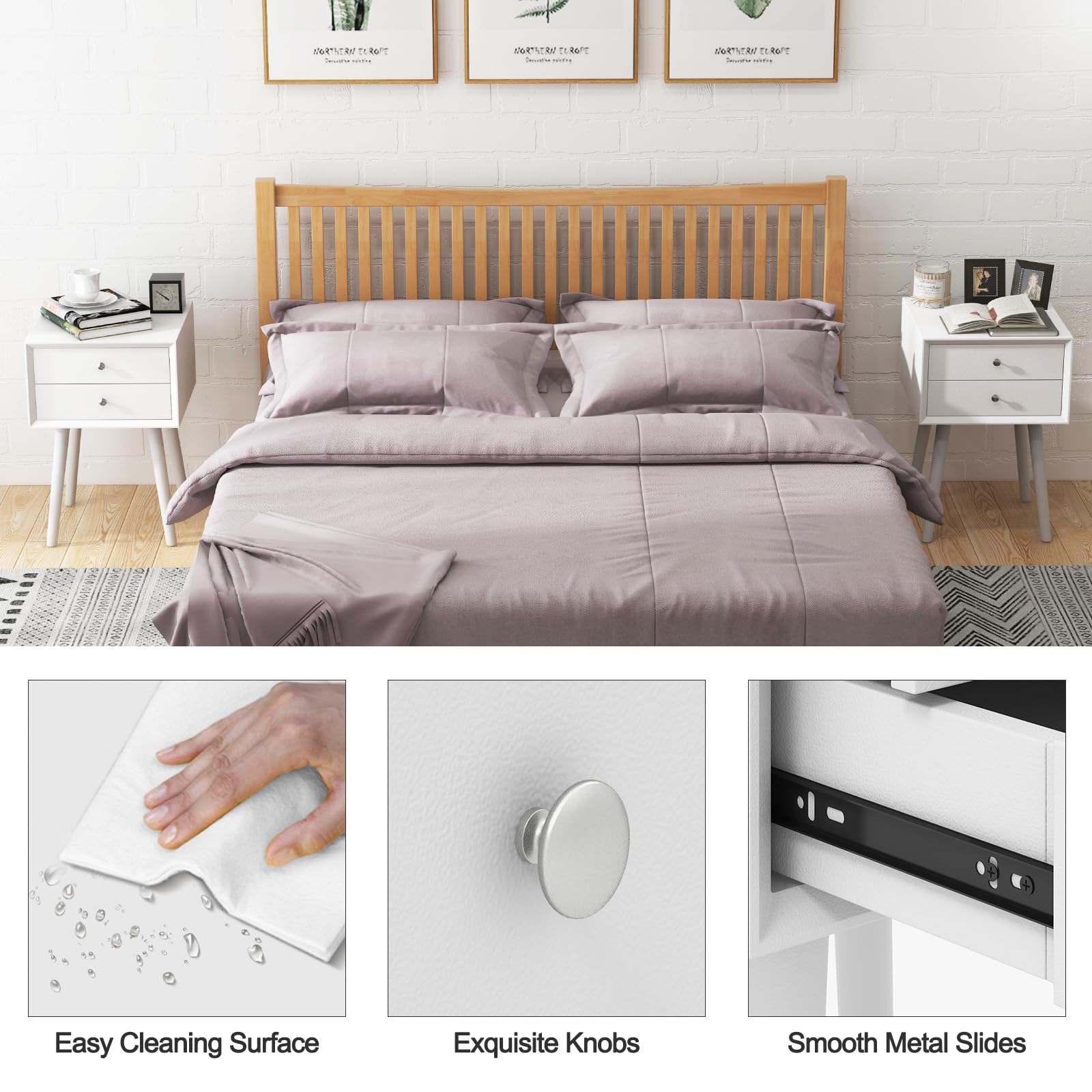 2-Drawer Nightstand, Mid-Century Modern Bed Side Table with Storage